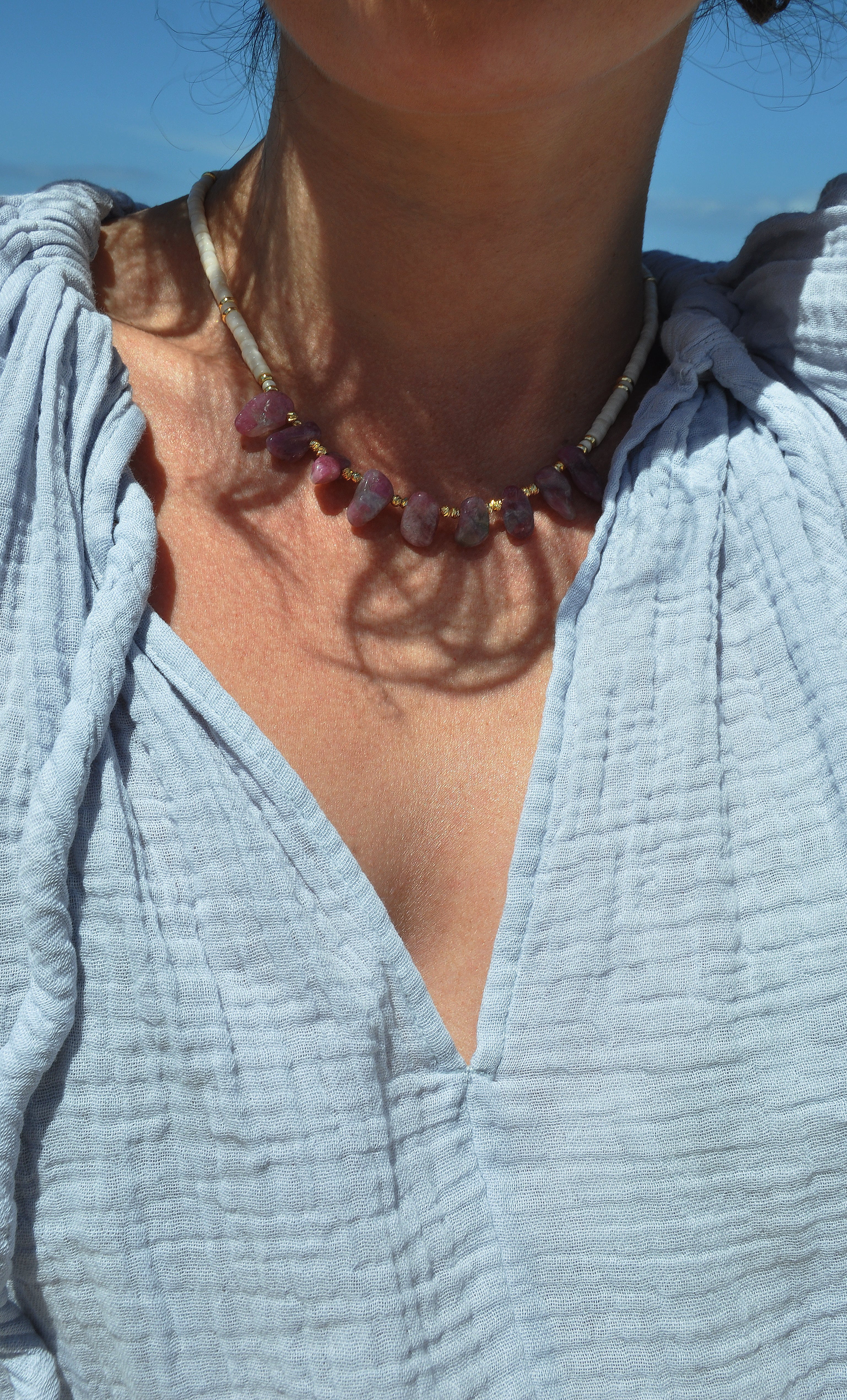 Spirit Pink Tourmaline & Ivory Jasper Stone Handmade Beaded Necklace | Tunik