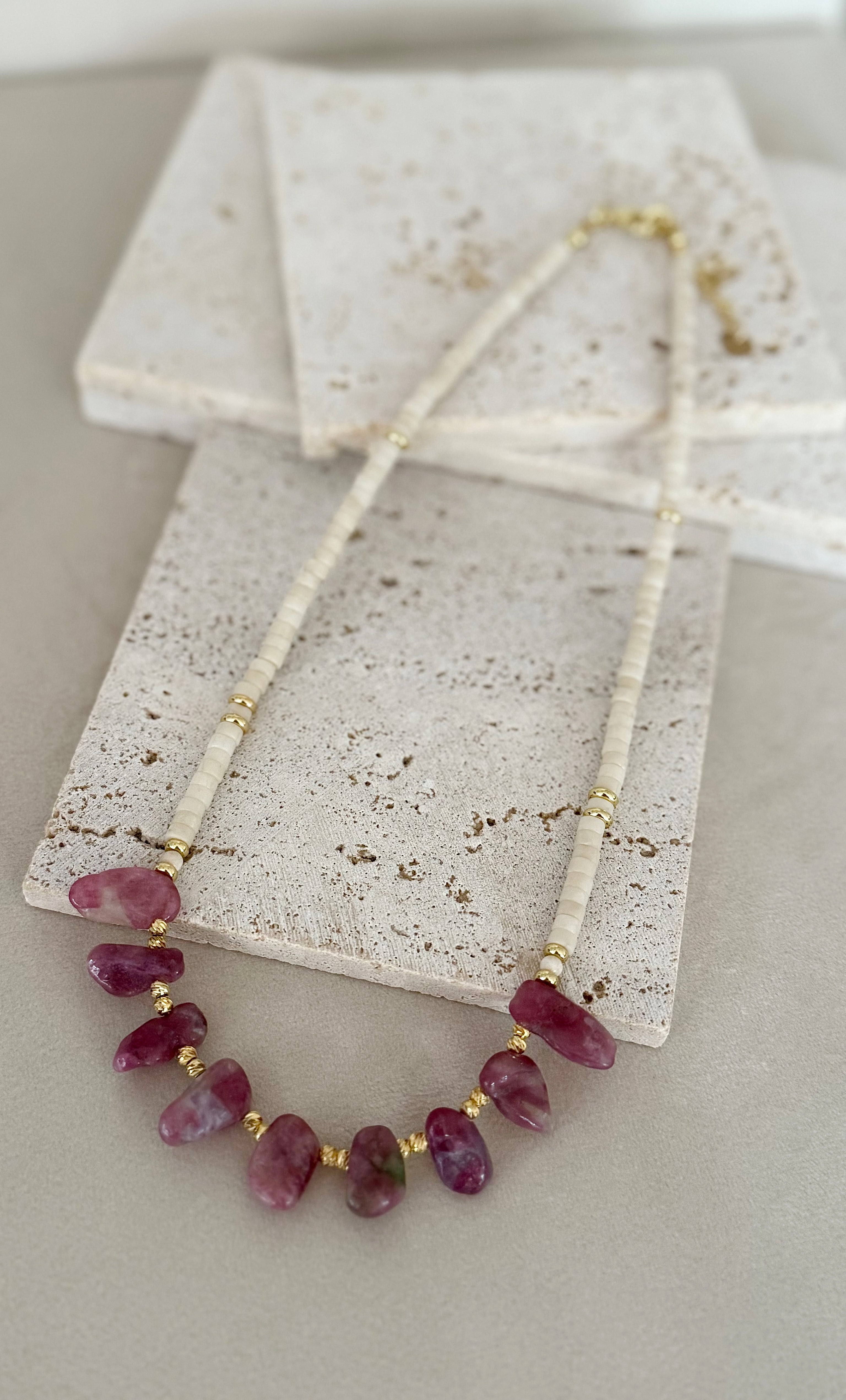 Spirit Pink Tourmaline & Ivory Jasper Stone Handmade Beaded Necklace | Tunik