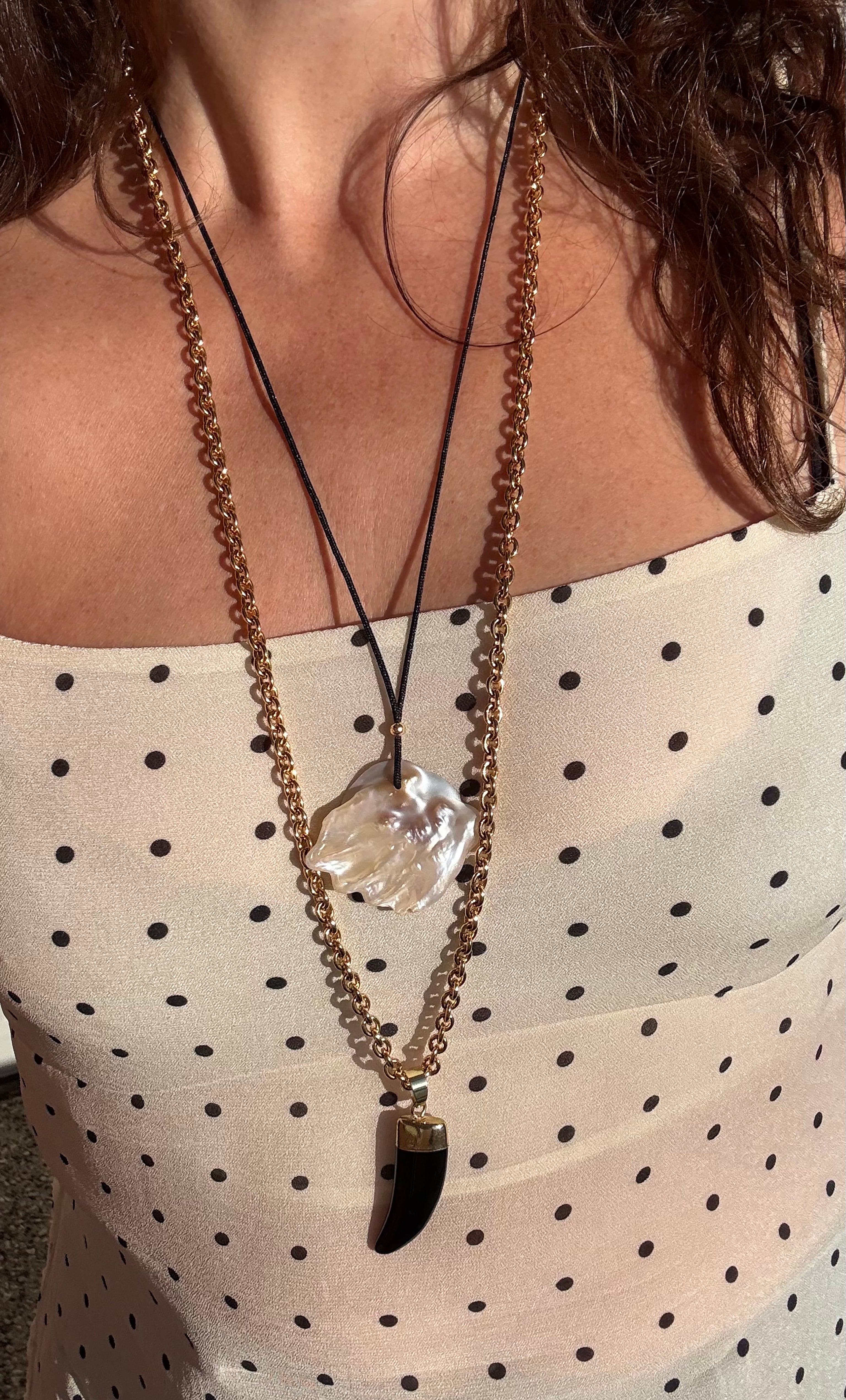 Horn Pendant in Carved Agate Stone 24K Gold Fill Necklace Long and Short Length | Tunik