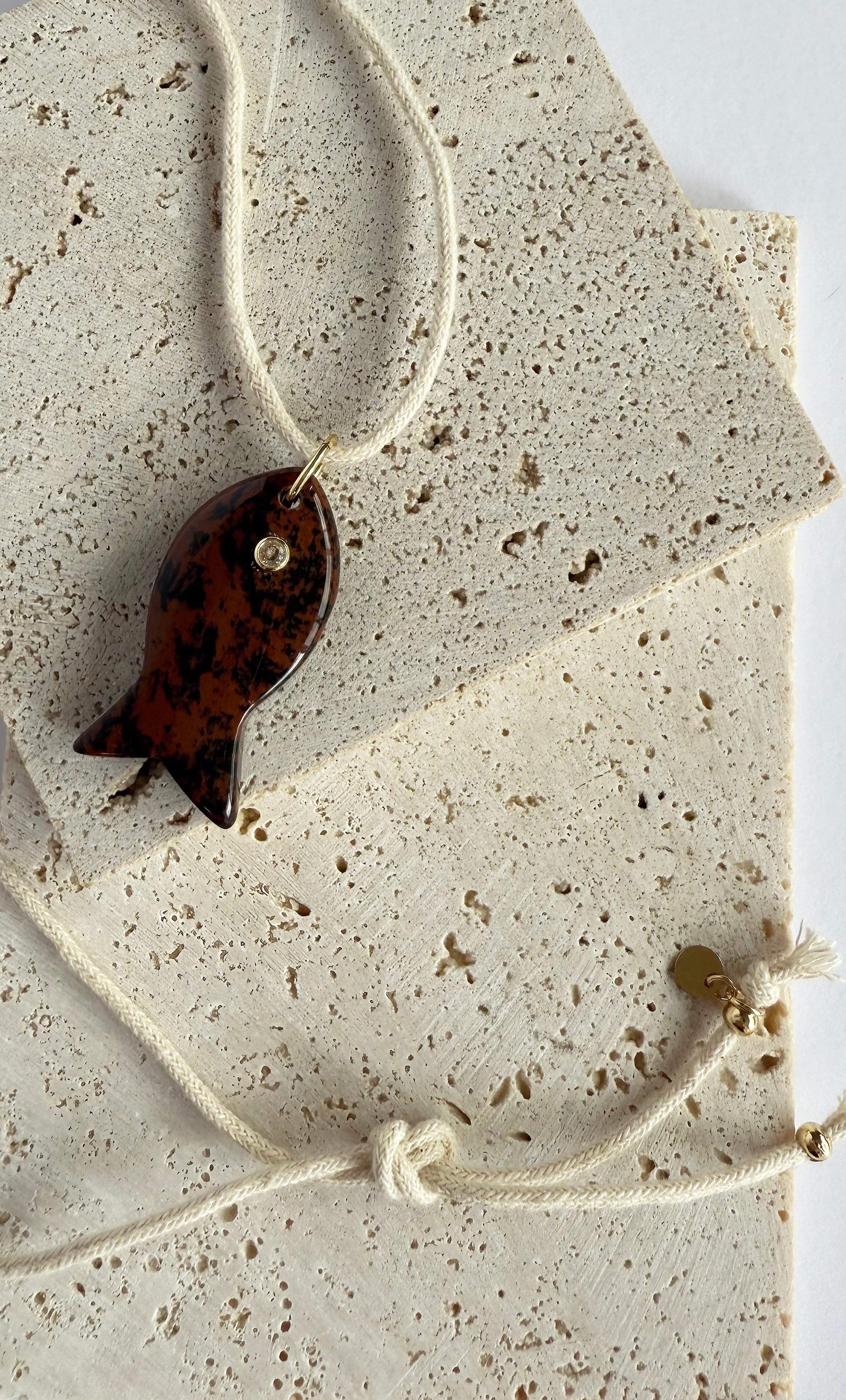 Red jasper carved fish pendant on gold fill long line necklace by Tunik the label jewelry gifts.