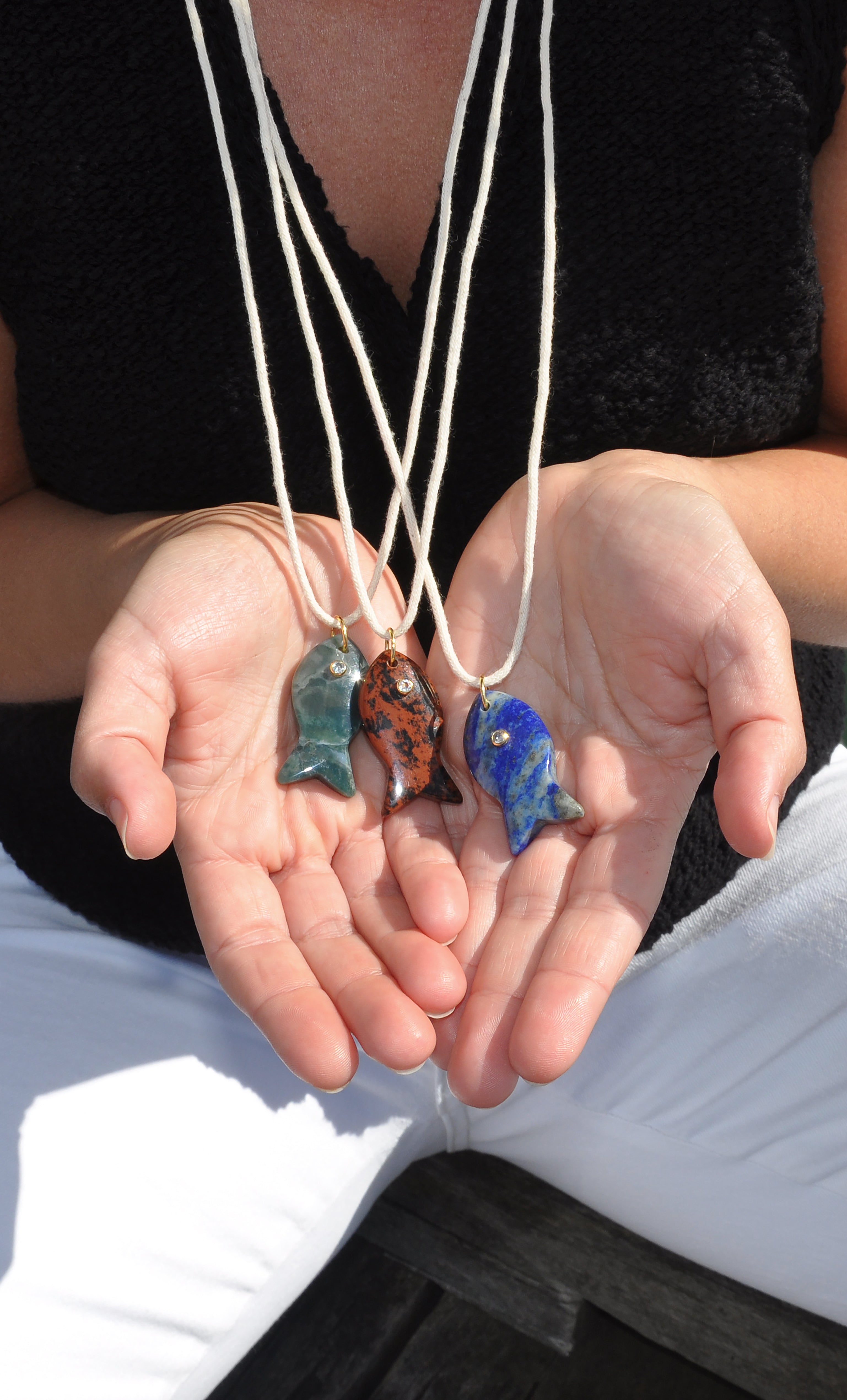Tunik gold fill necklace with carved green and blue apatite fish pendants, jewellery gifts from Tunik the Label.