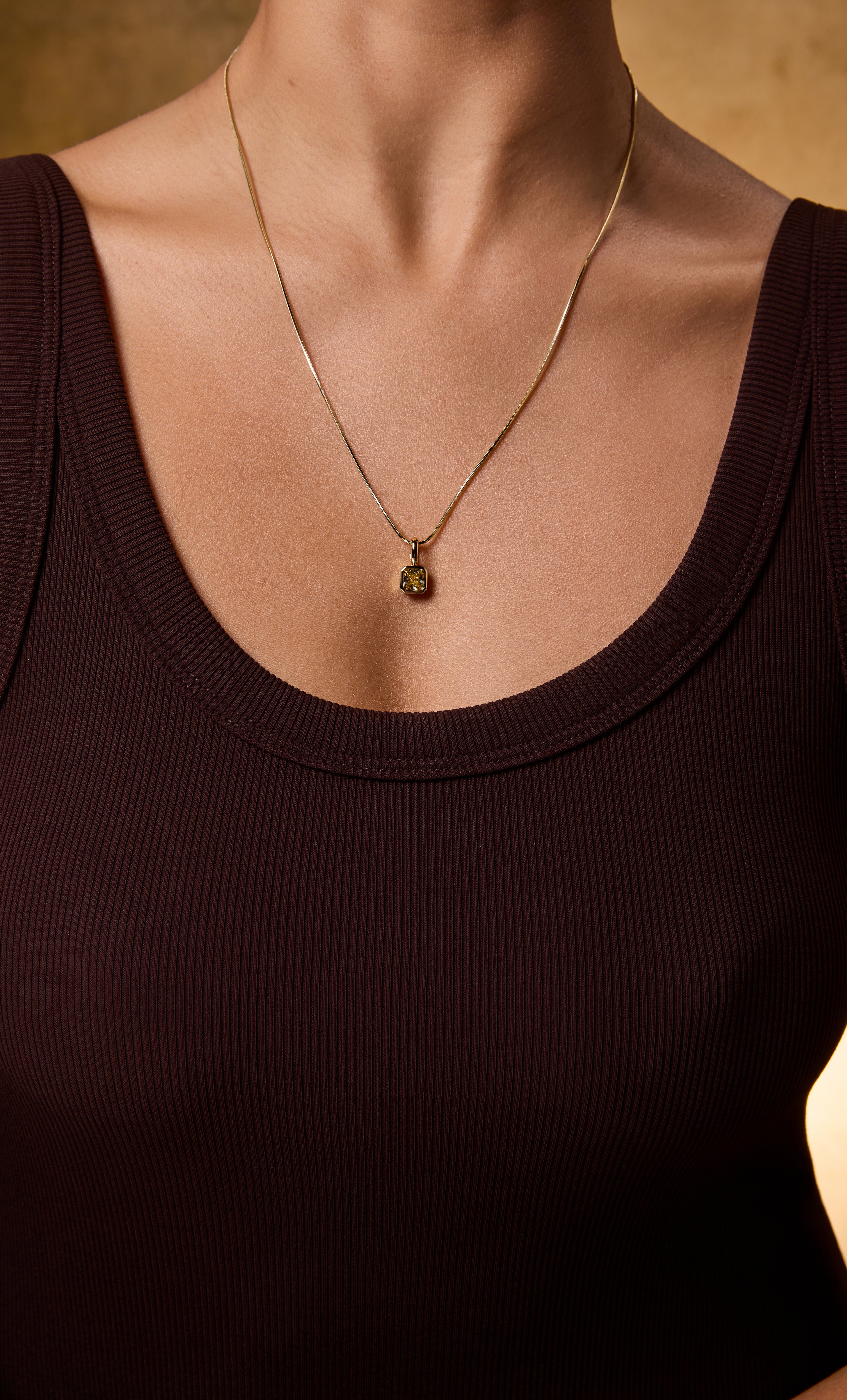 14K gold fill snake chain necklace with pale yellow zirconia square drop pendant by Tunik jewelry gifts.