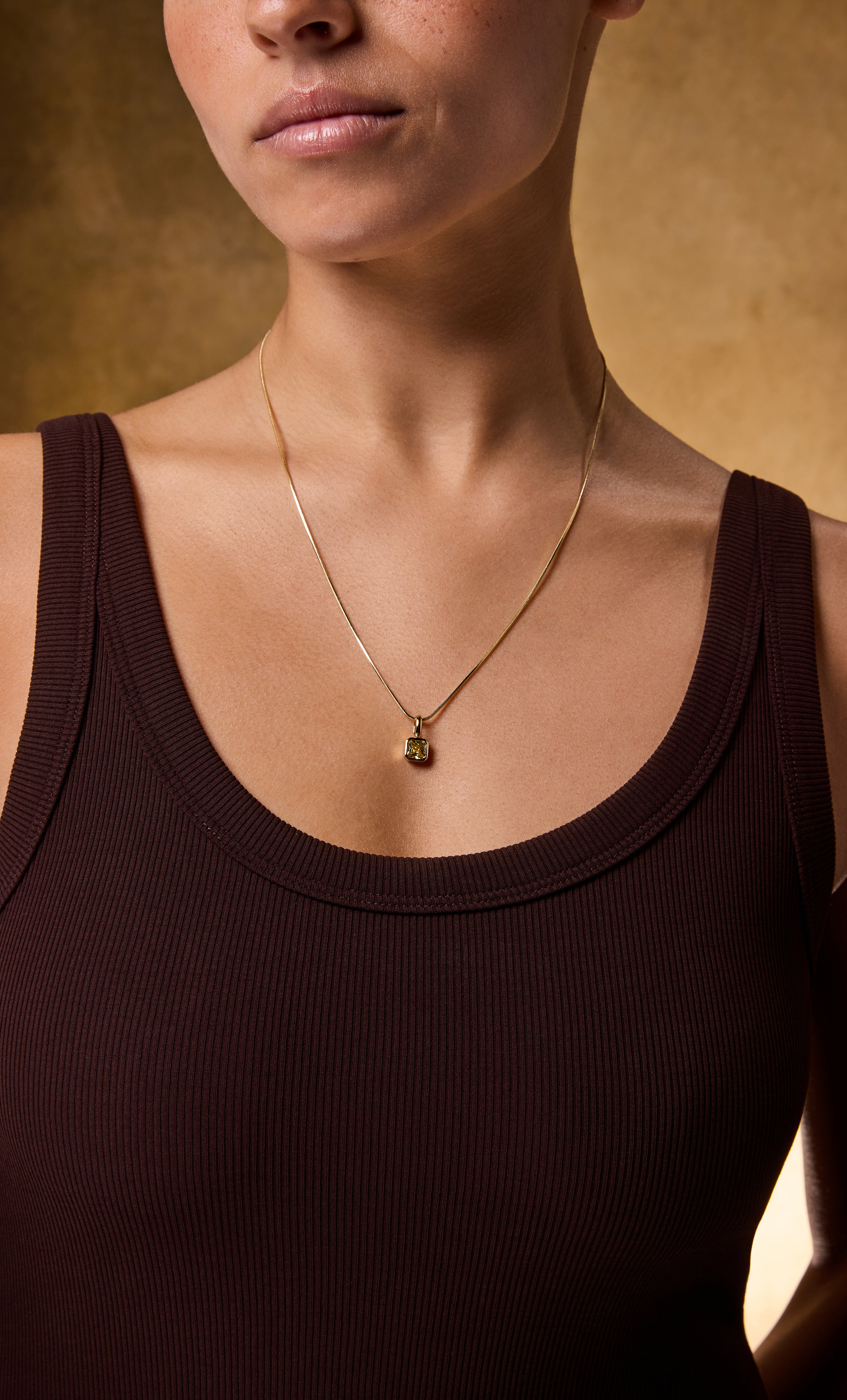 14K gold fill square pendant necklace with pale yellow zirconia on fine snake chain, Tunik jewellery gifts.