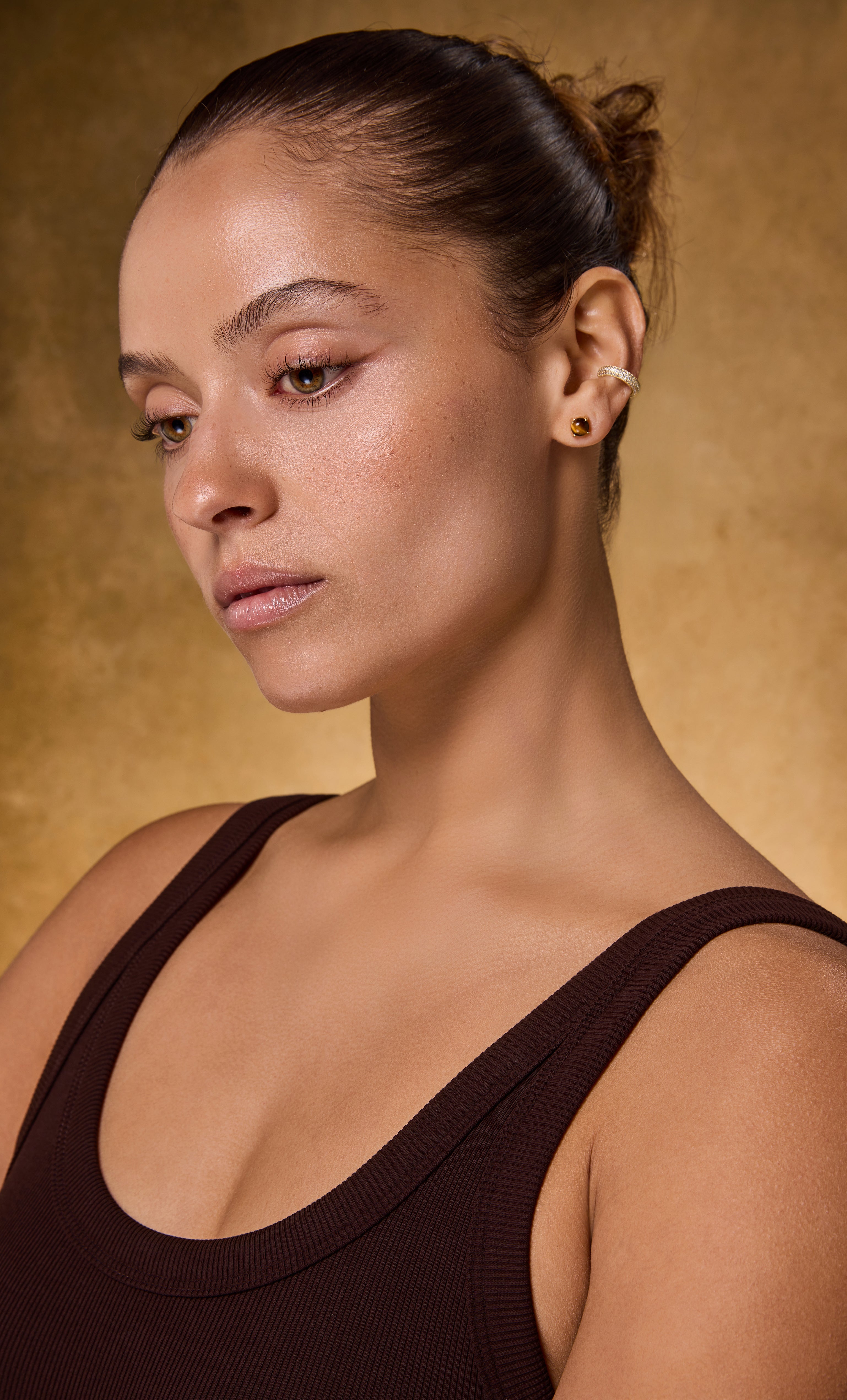 14K gold fill Tigers Eye stud earrings by Tunik, elegant semi-precious stone jewellery gifts.