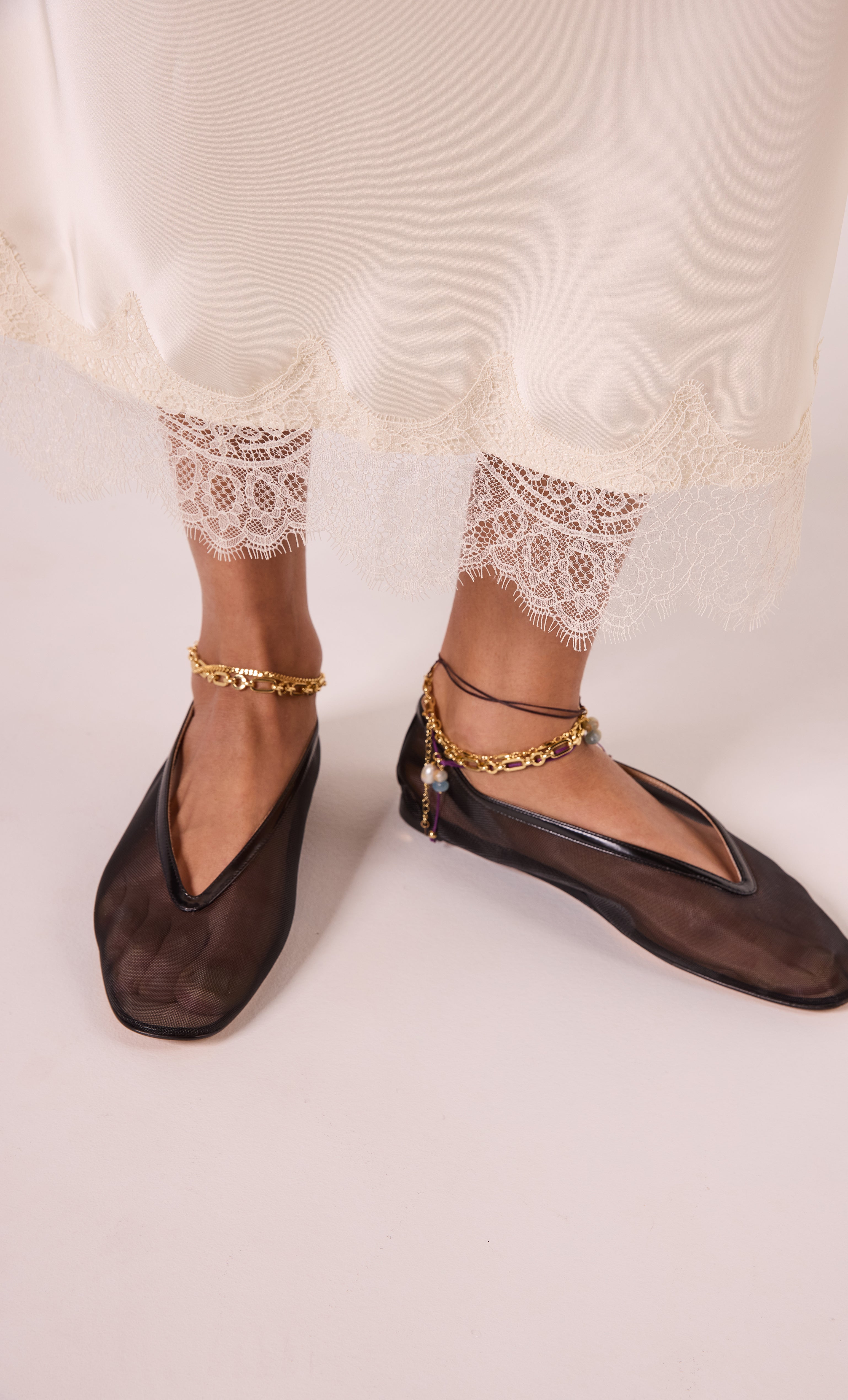 Tunik gold fill thick paper clip chain anklet styled with brown leather flats and lace-trimmed socks, jewellery gift idea.