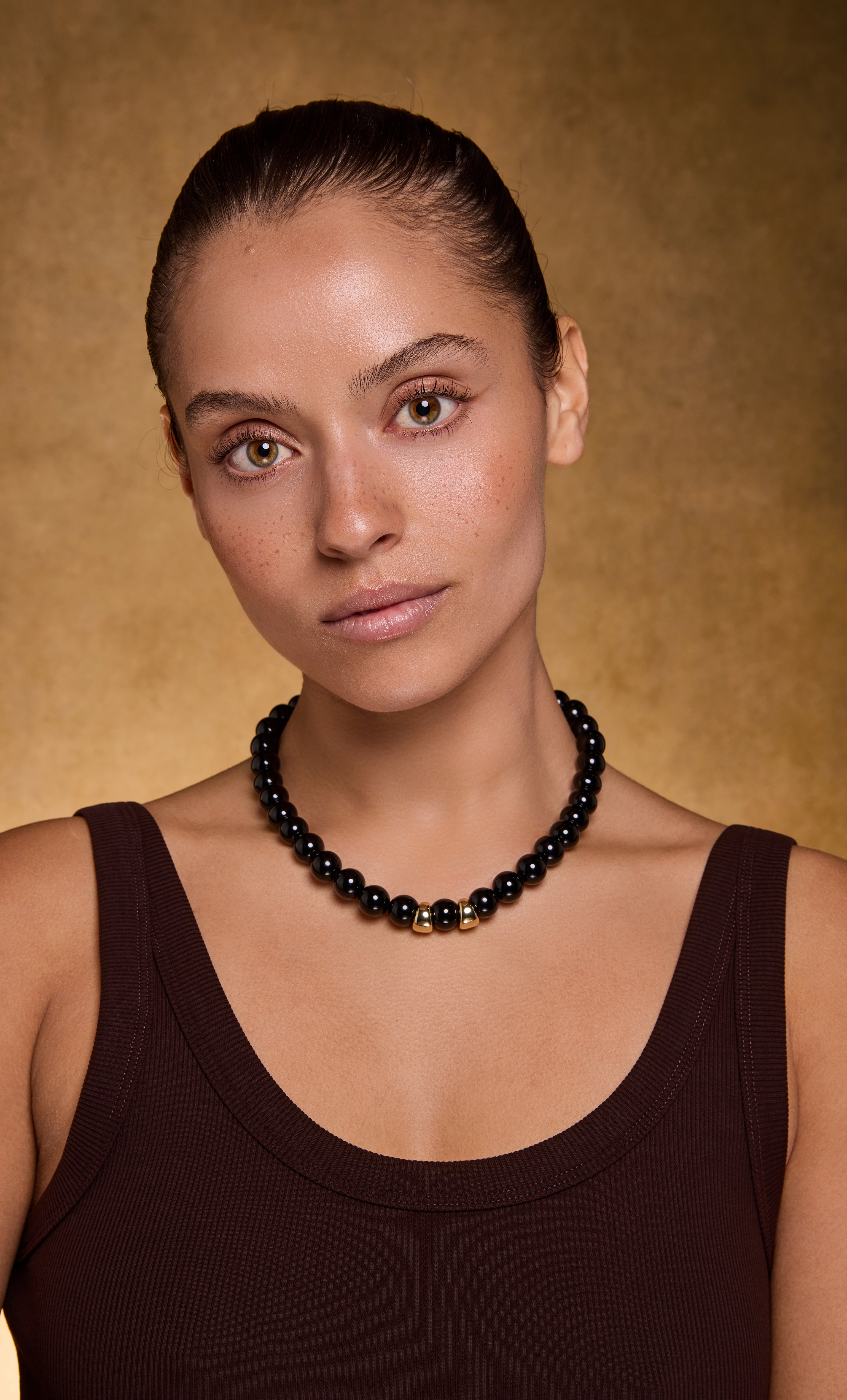 Evolve Statement AAA grade onyx stone bead necklace with gold fill clasp by Tunik the label, elegant jewellery gift.