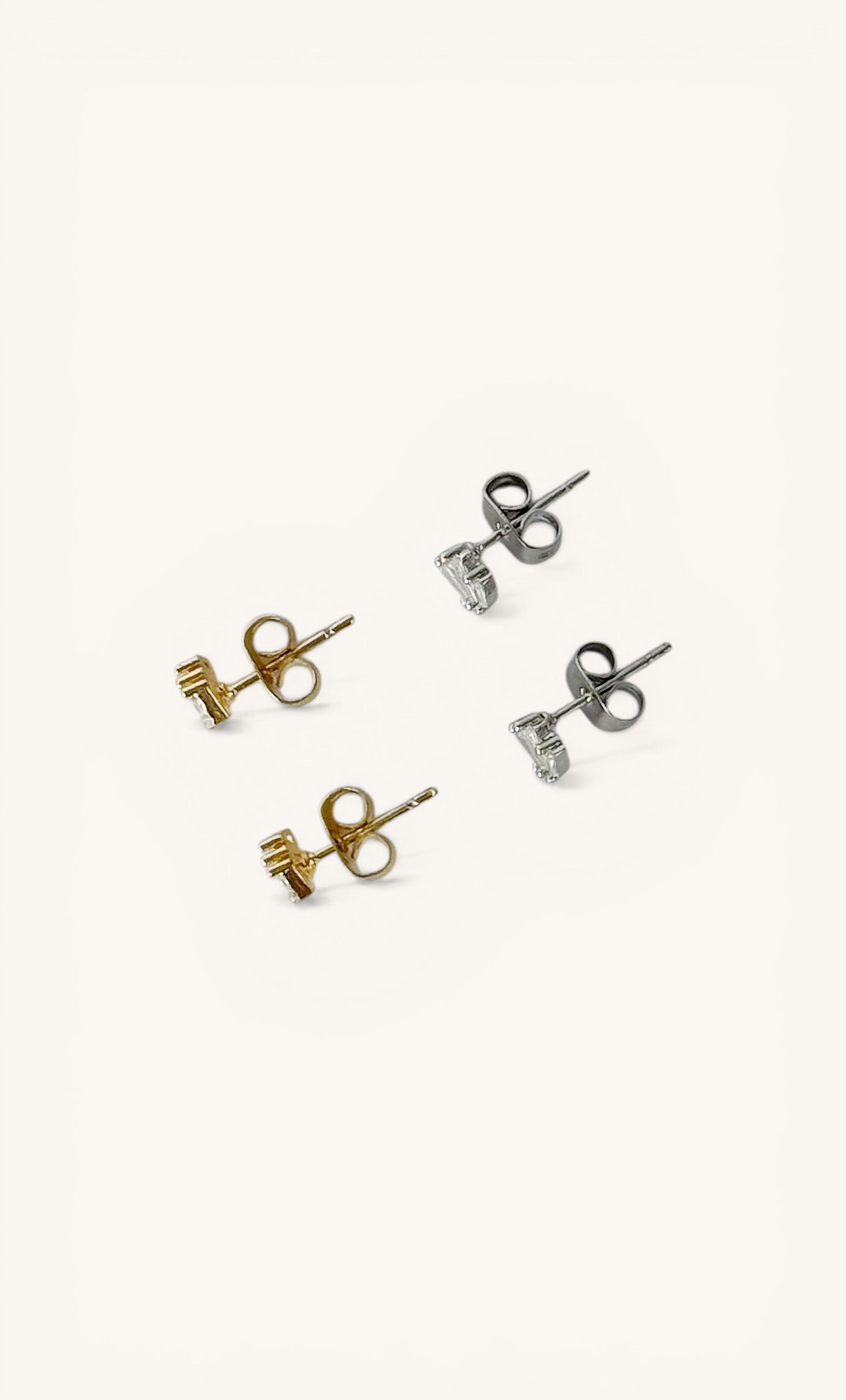 Empire 3 stone zirconia stud earrings in gold fill and silver by Tunik, elegant jewellery gifts.