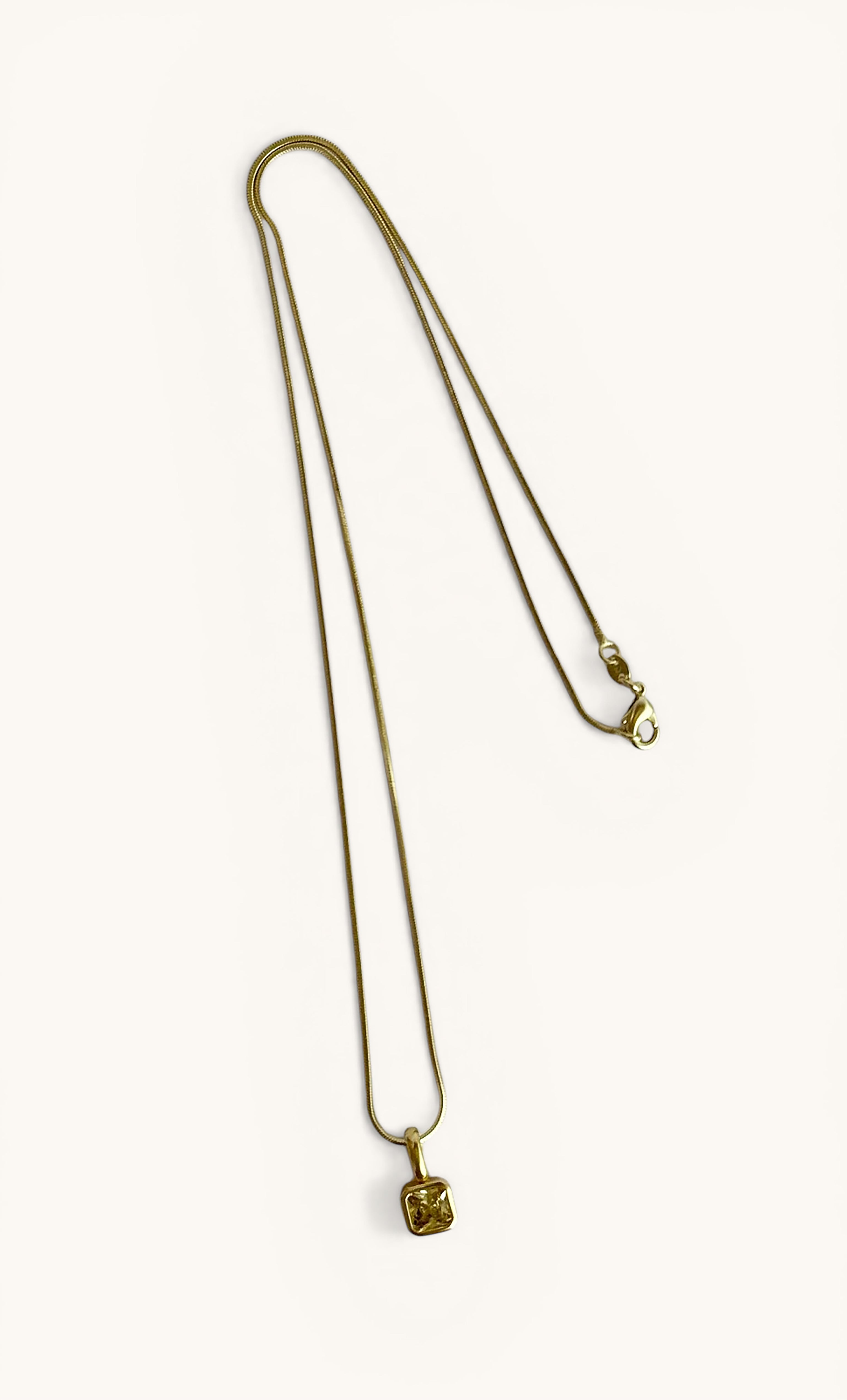 Tunik gold fill necklace with fine snake chain and pale yellow zirconia square pendant, jewellery gift.