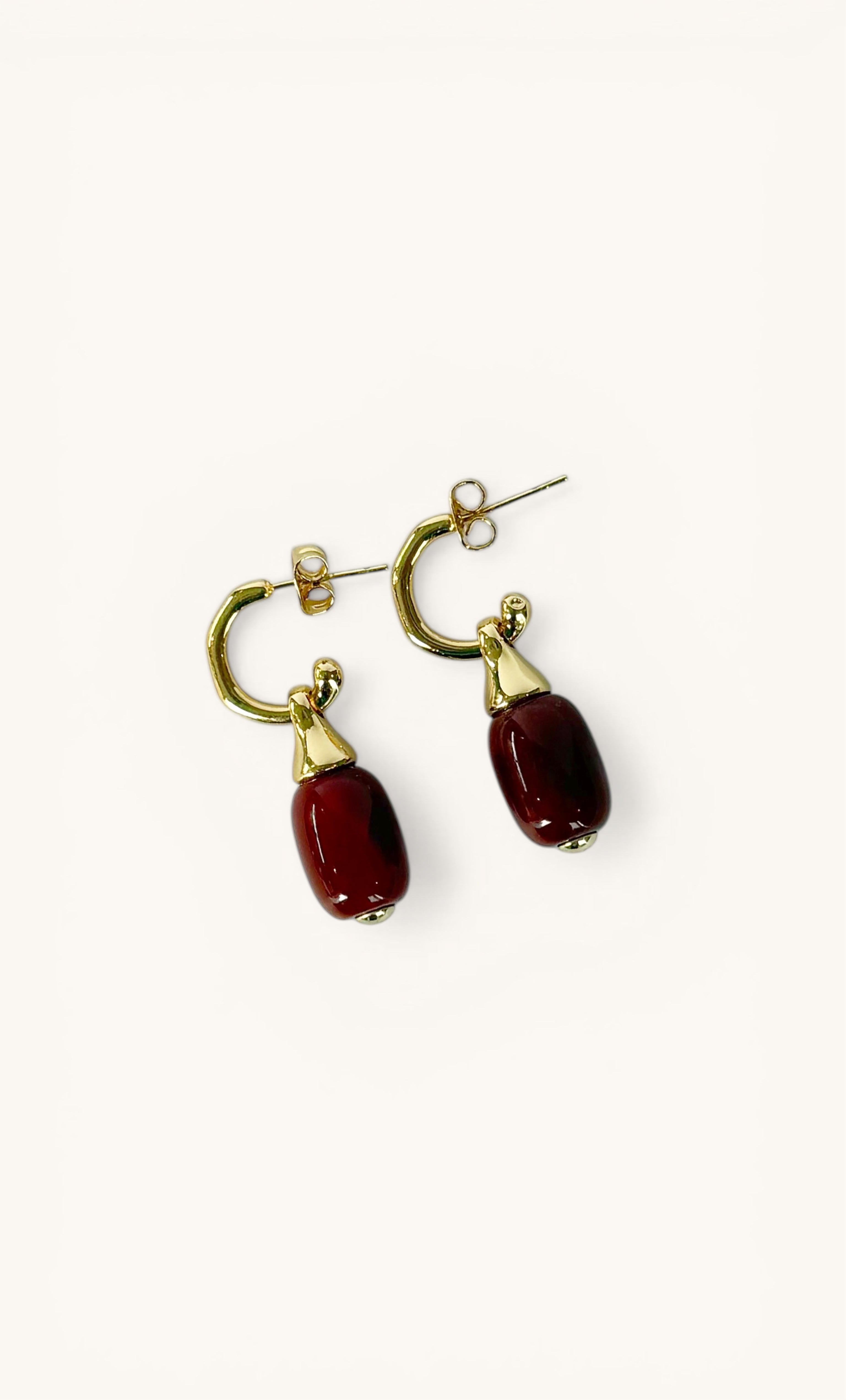 18K gold fill drop hoop earrings with deep red carnelian stones, Tunik jewellery gift.