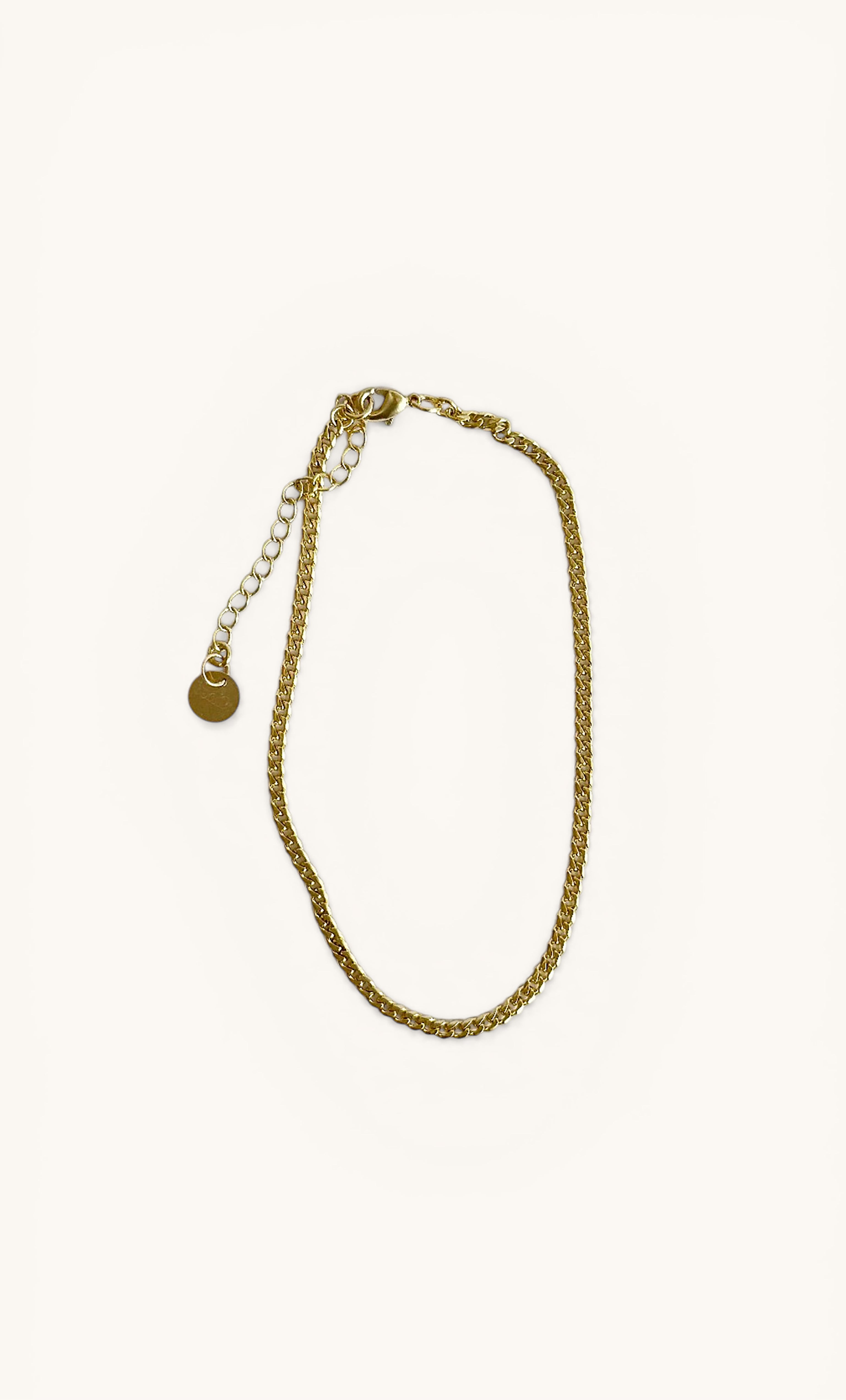 24K gold fill fine curb chain anklet by Tunik the Label with adjustable clasp, elegant gold jewellery gift.