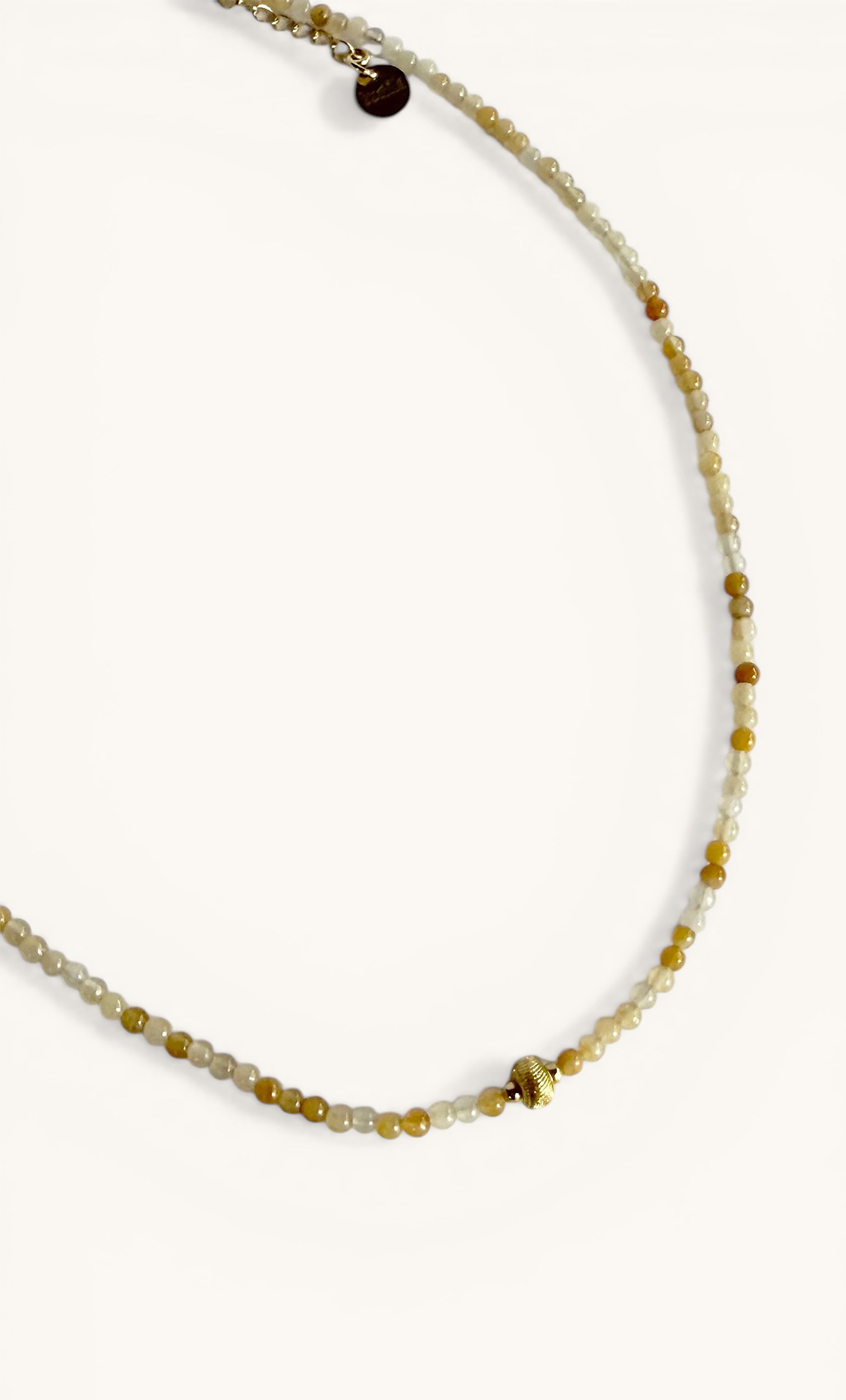 Limited edition Tunik jewellery gold fill necklace with yellow jasper ombre beads and gold accents.