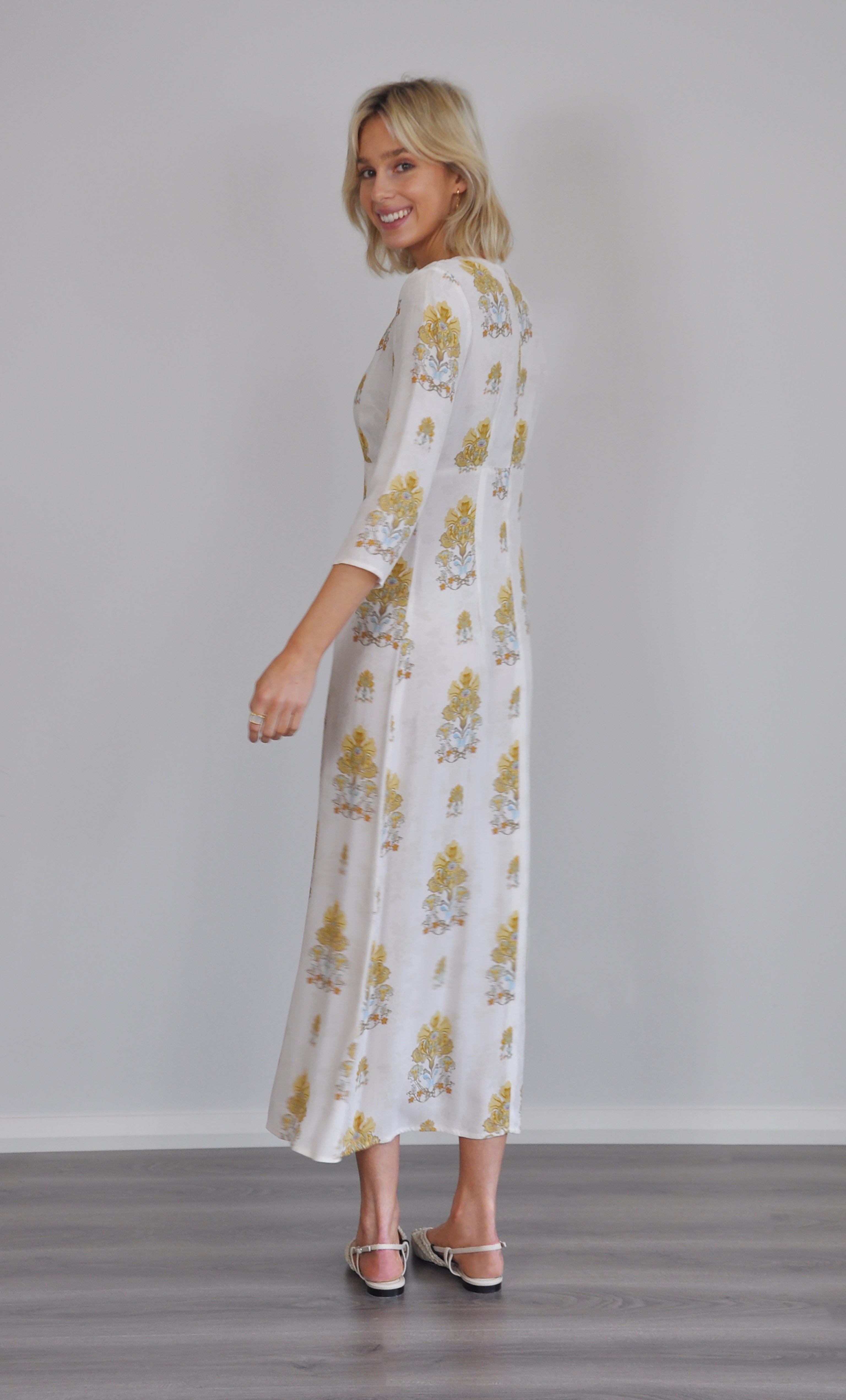 Vivienne Empire Midi Dress in Wallflower Ivory Print – Tunik Australia