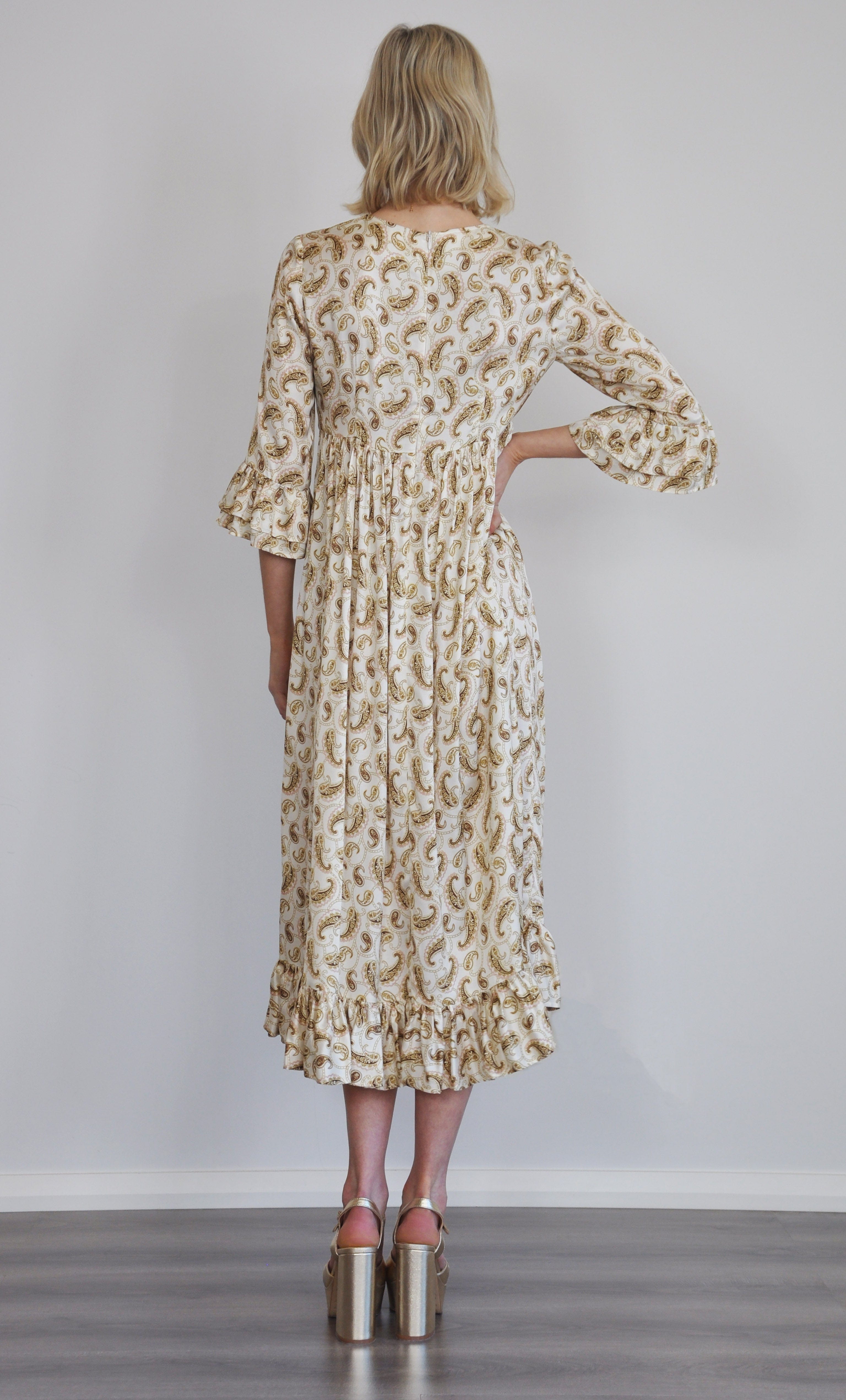 Florence Ruffle Midi Dress by Tunik - Ivory Boteh Paisley Print, Made in Australia