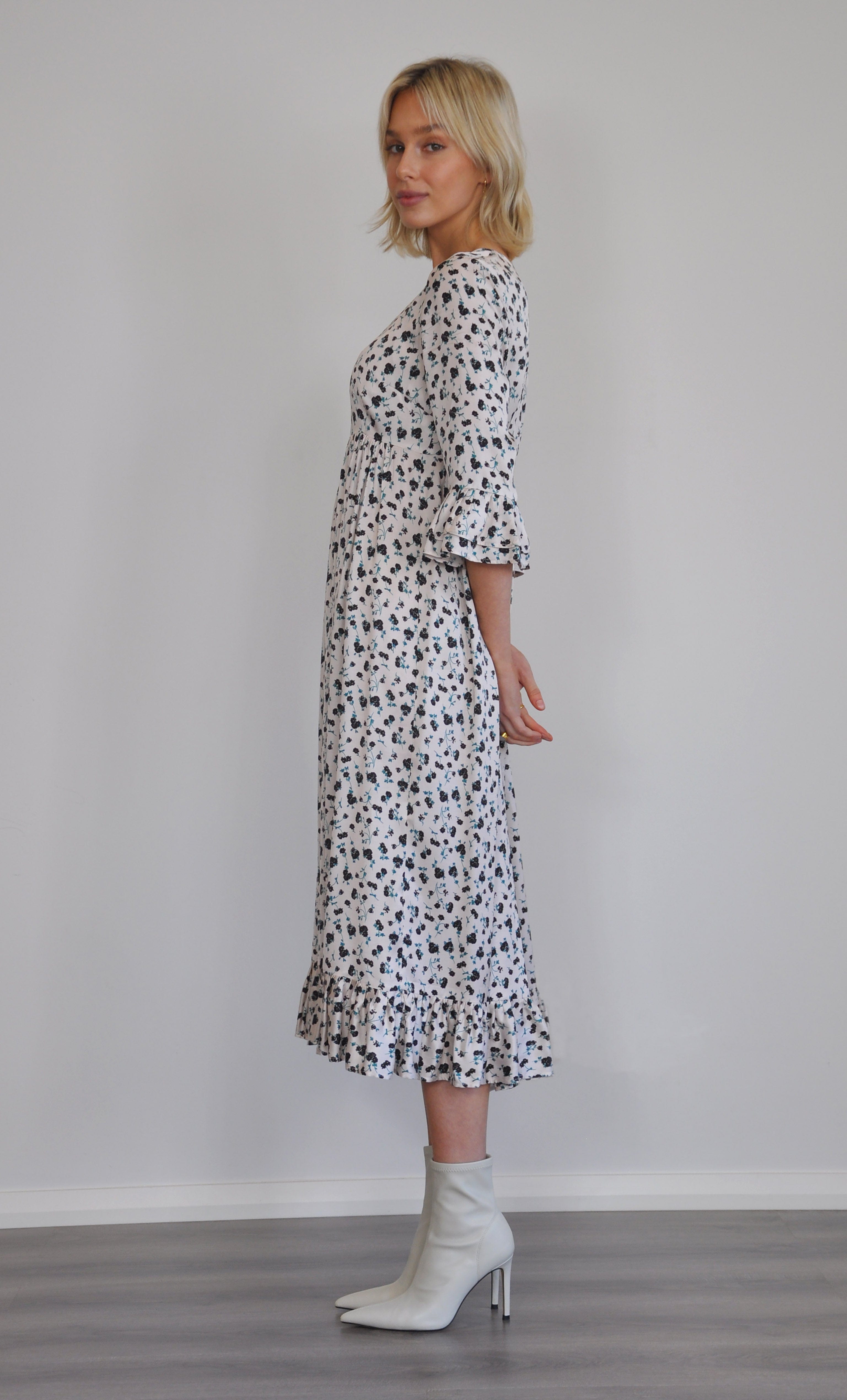 Florence Ruffle Midi Dress by Tunik - Creme Floral For the Roses Print, Made in Australia