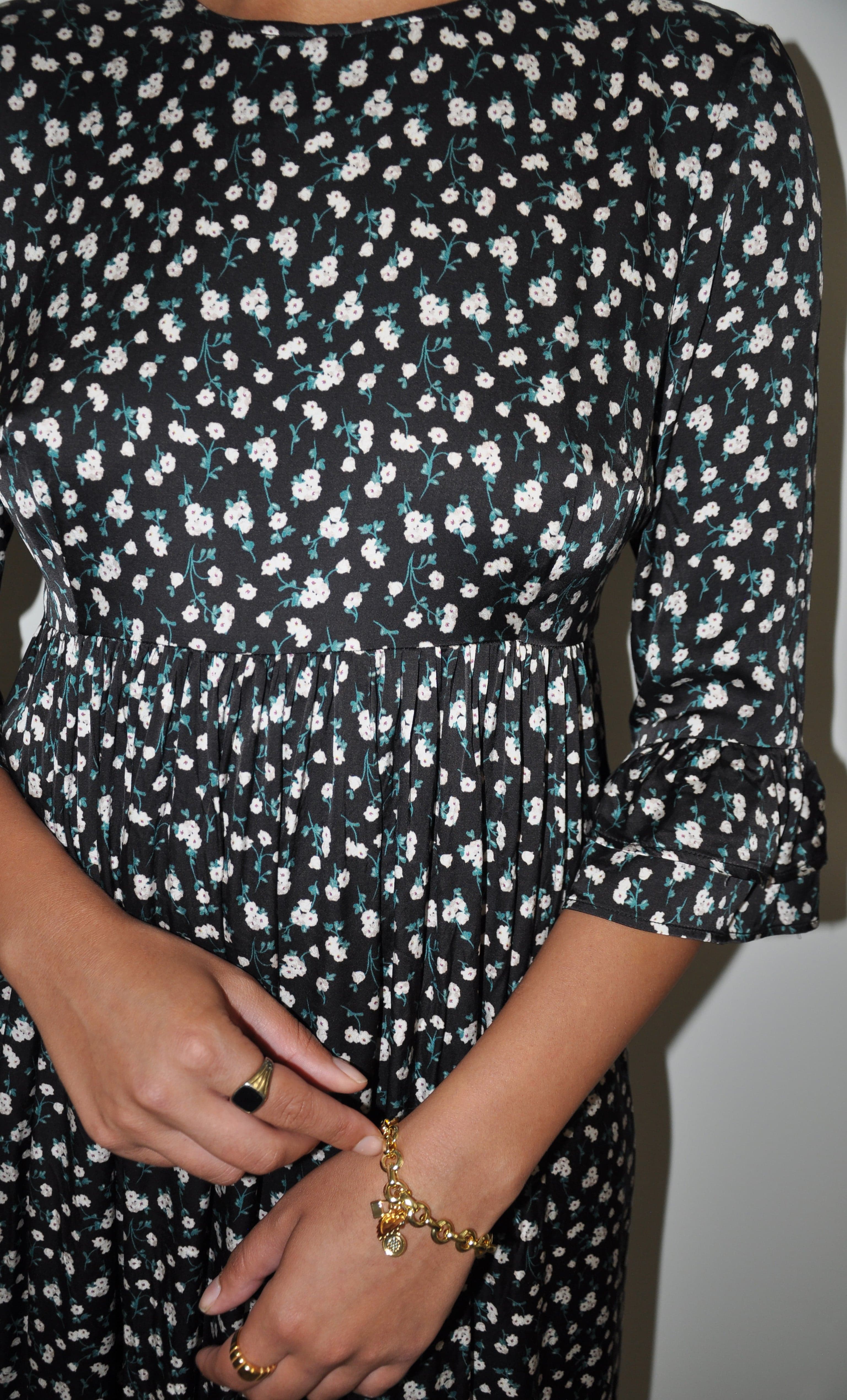 Florence Ruffle Midi Dress by Tunik - Black Floral For the Roses Print, Made in Australia