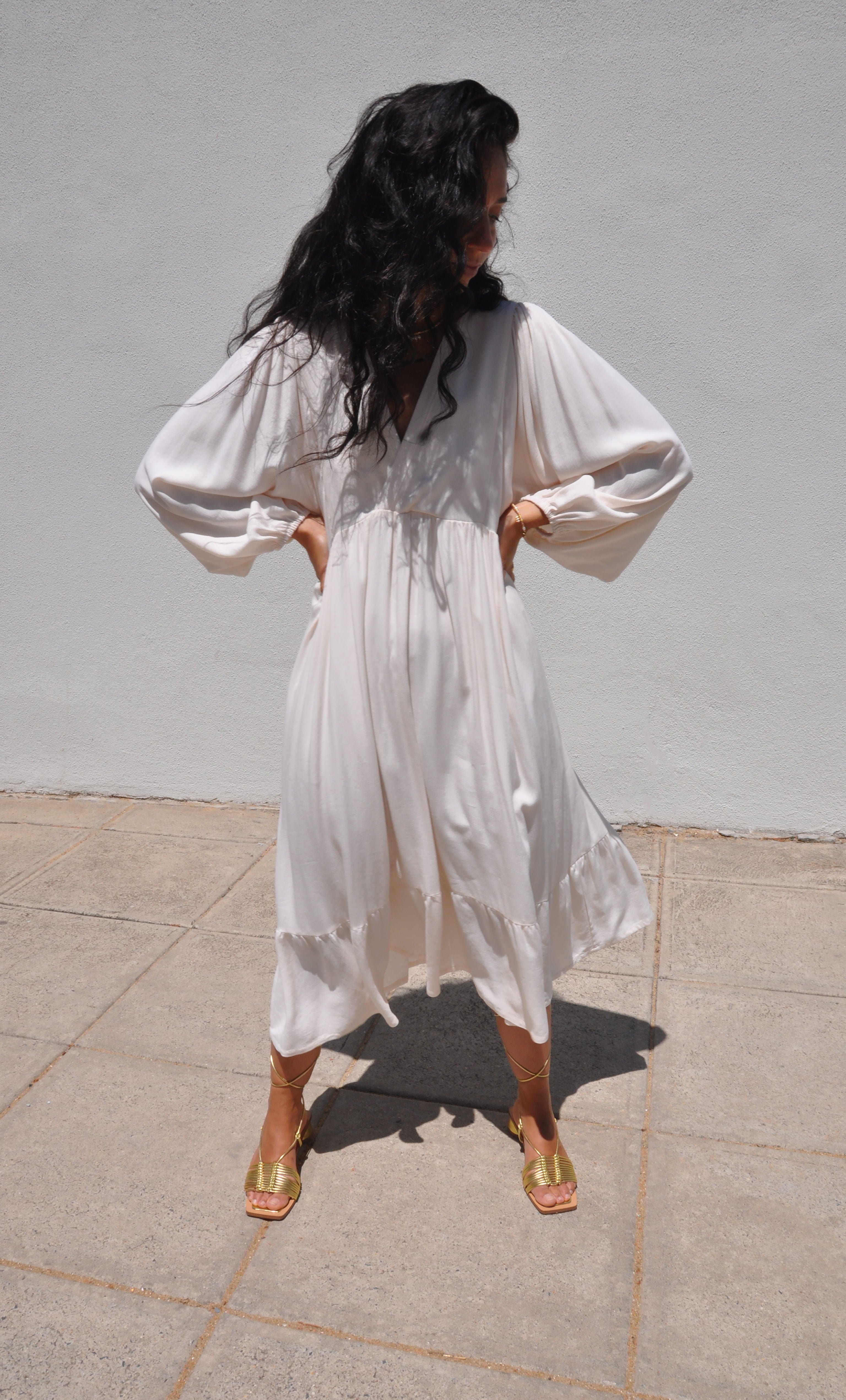 Harper Tencel Midi Dress – Poetic Puff Sleeve Flare in Cream | Tunik Australia