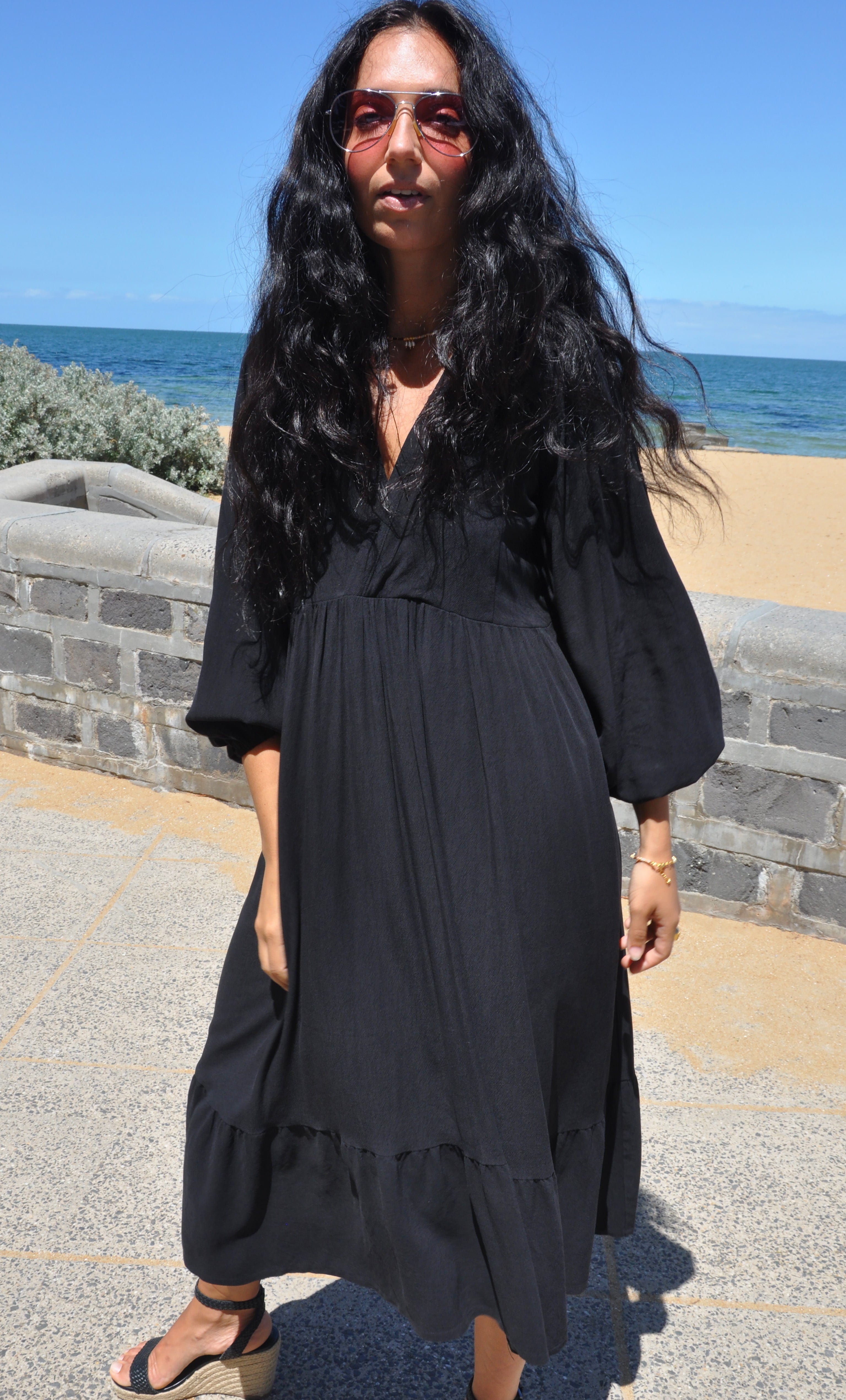 Harper Tencel Midi Dress – Poetic Puff Sleeve Flare in Black | Tunik Australia