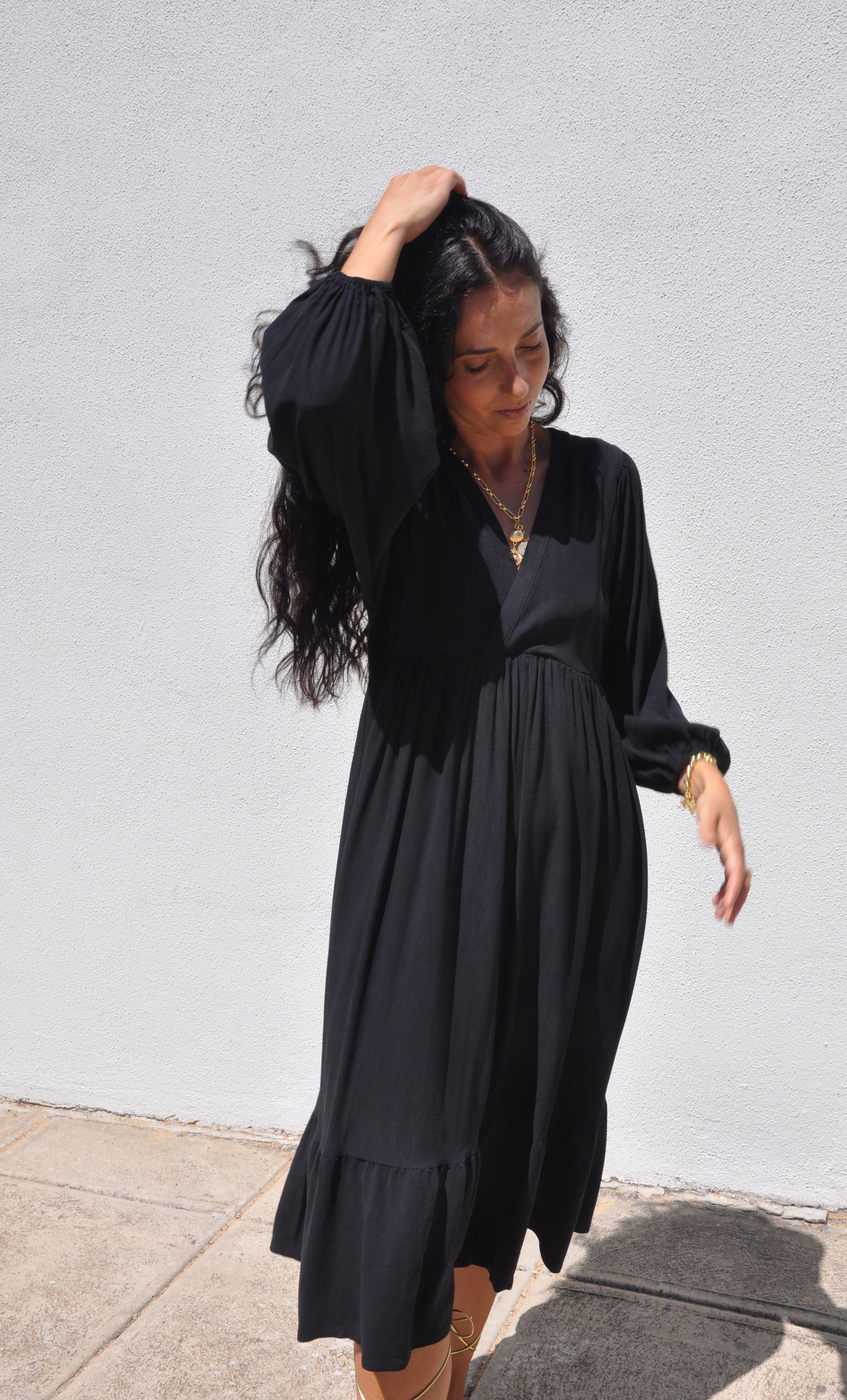 Harper Tencel Midi Dress – Poetic Puff Sleeve Flare in Black | Tunik Australia