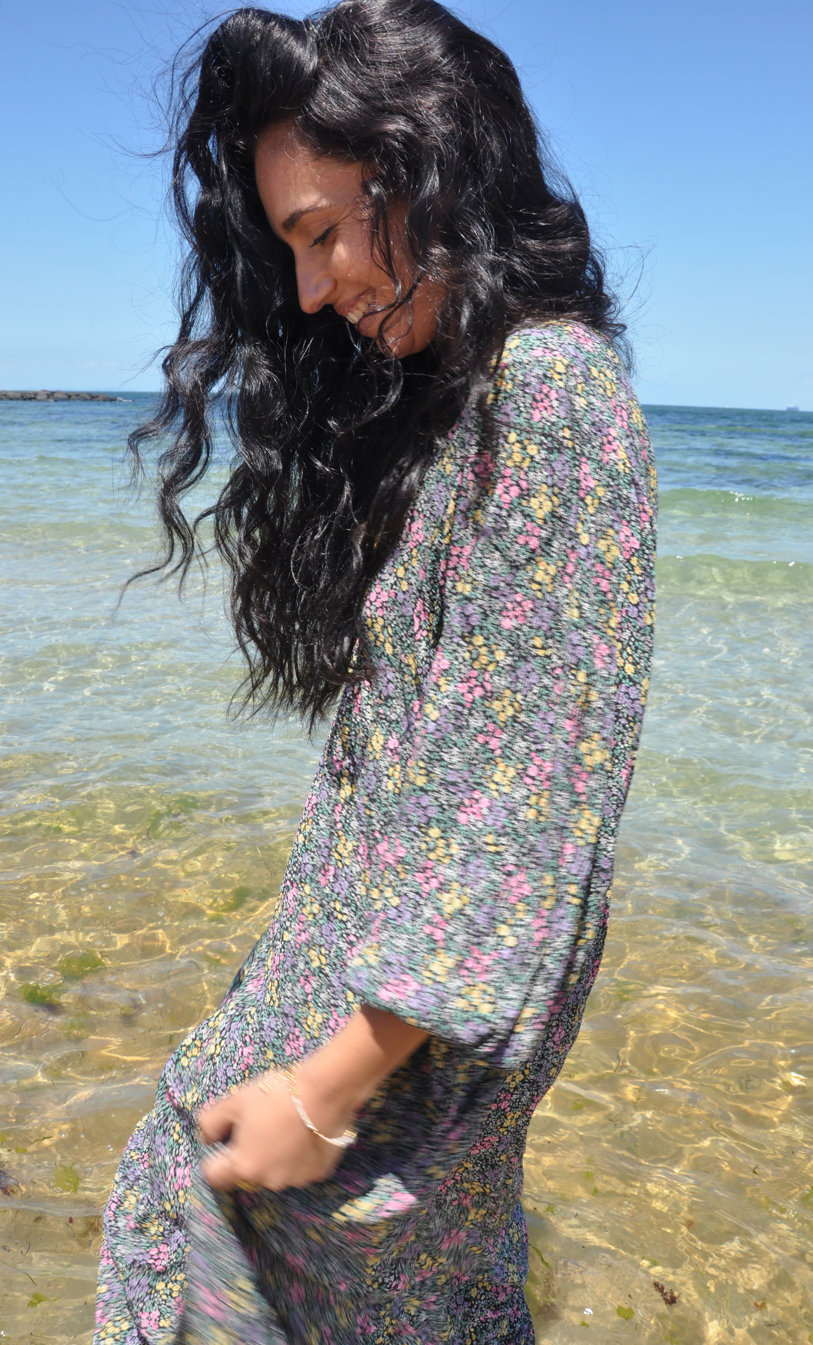 Harper Midi Dress – Flower Fields Print in Crinkle Viscose | Tunik Australia