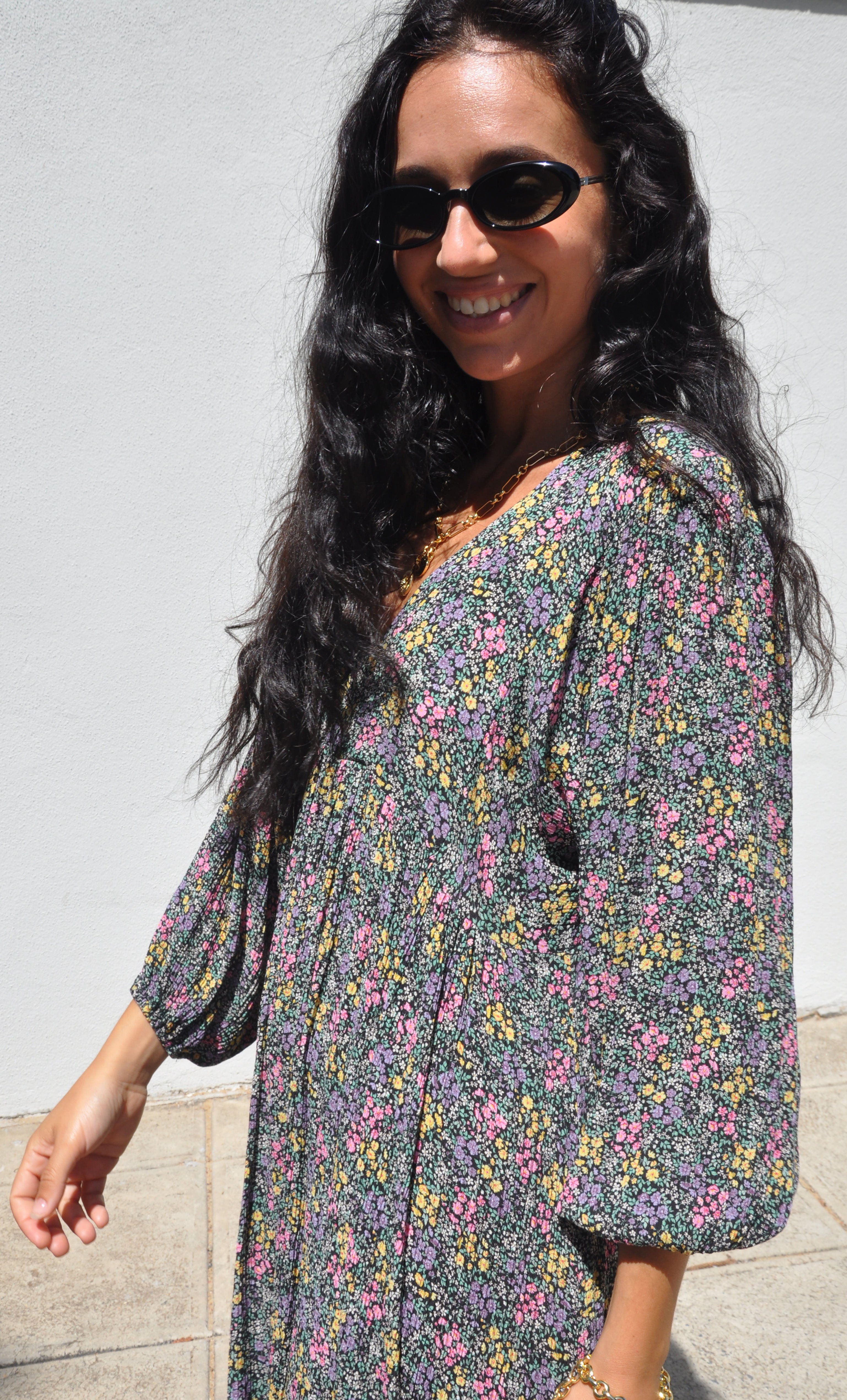 Harper Midi Dress – Flower Fields Print in Crinkle Viscose | Tunik Australia