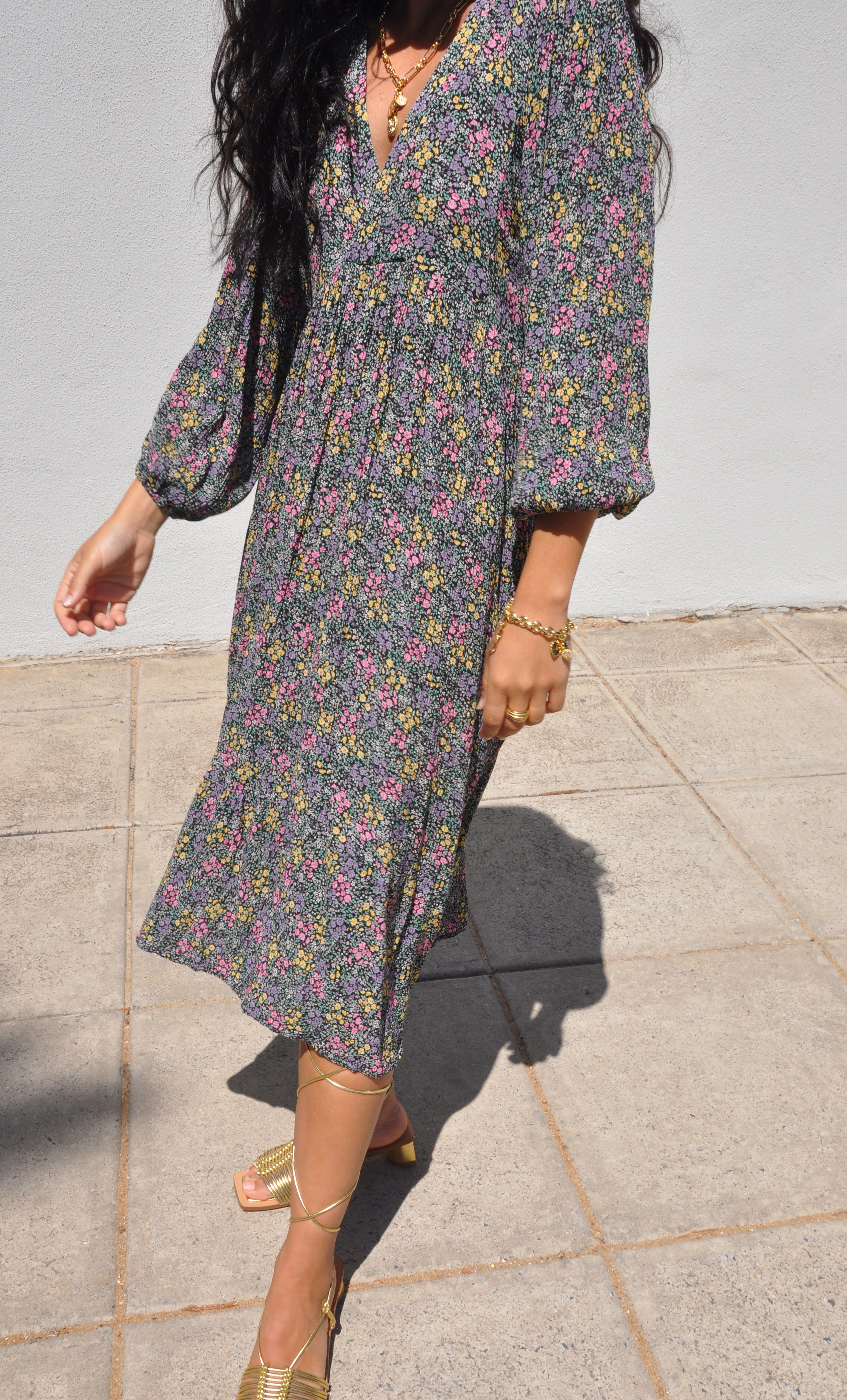 Harper Midi Dress – Flower Fields Print in Crinkle Viscose | Tunik Australia