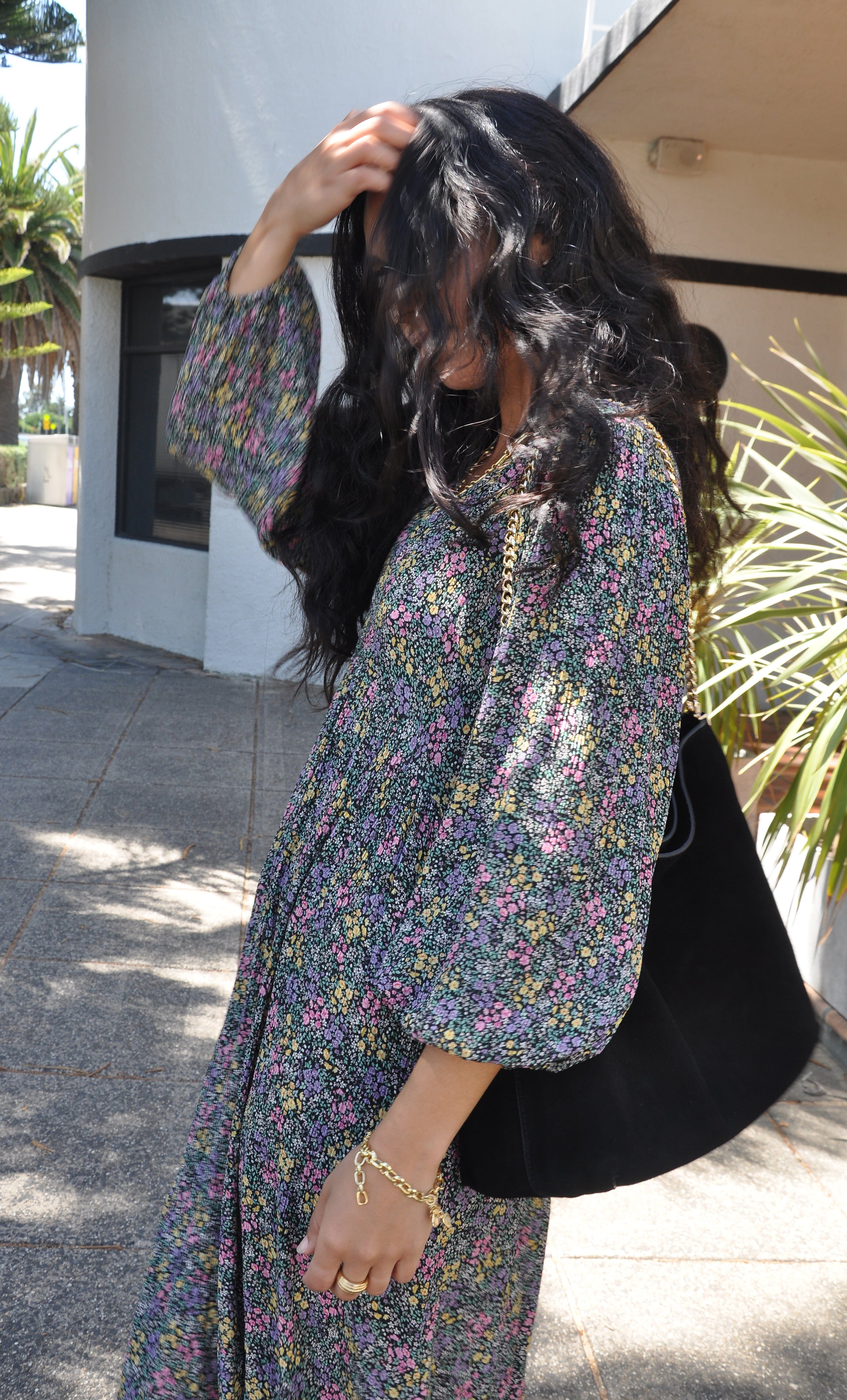 Harper Midi Dress – Flower Fields Print in Crinkle Viscose | Tunik Australia