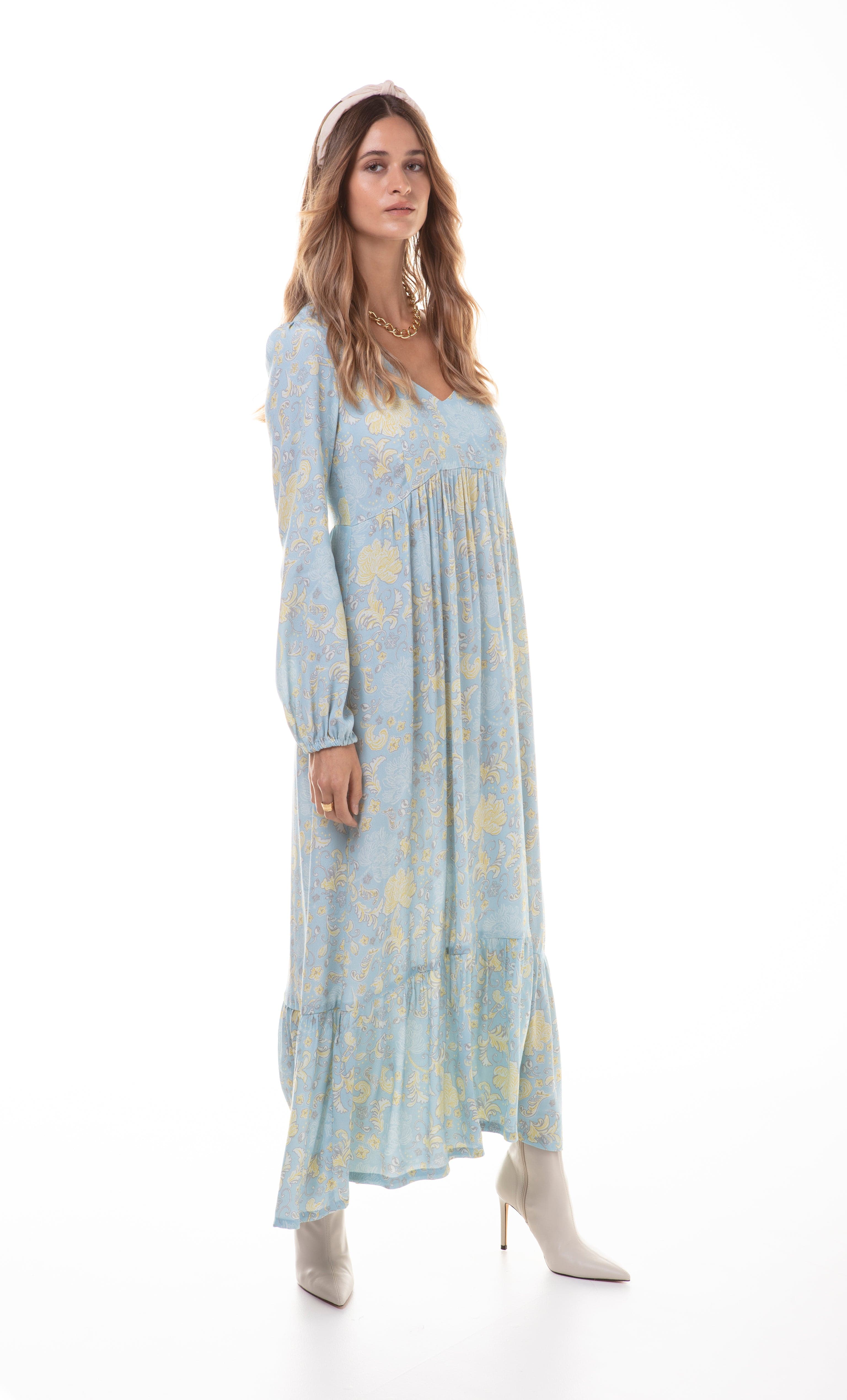 Tunik Lola maxi dress in Mystic Floral Aquamarine print with long sleeves and gold fill necklace by Tunik the Label.