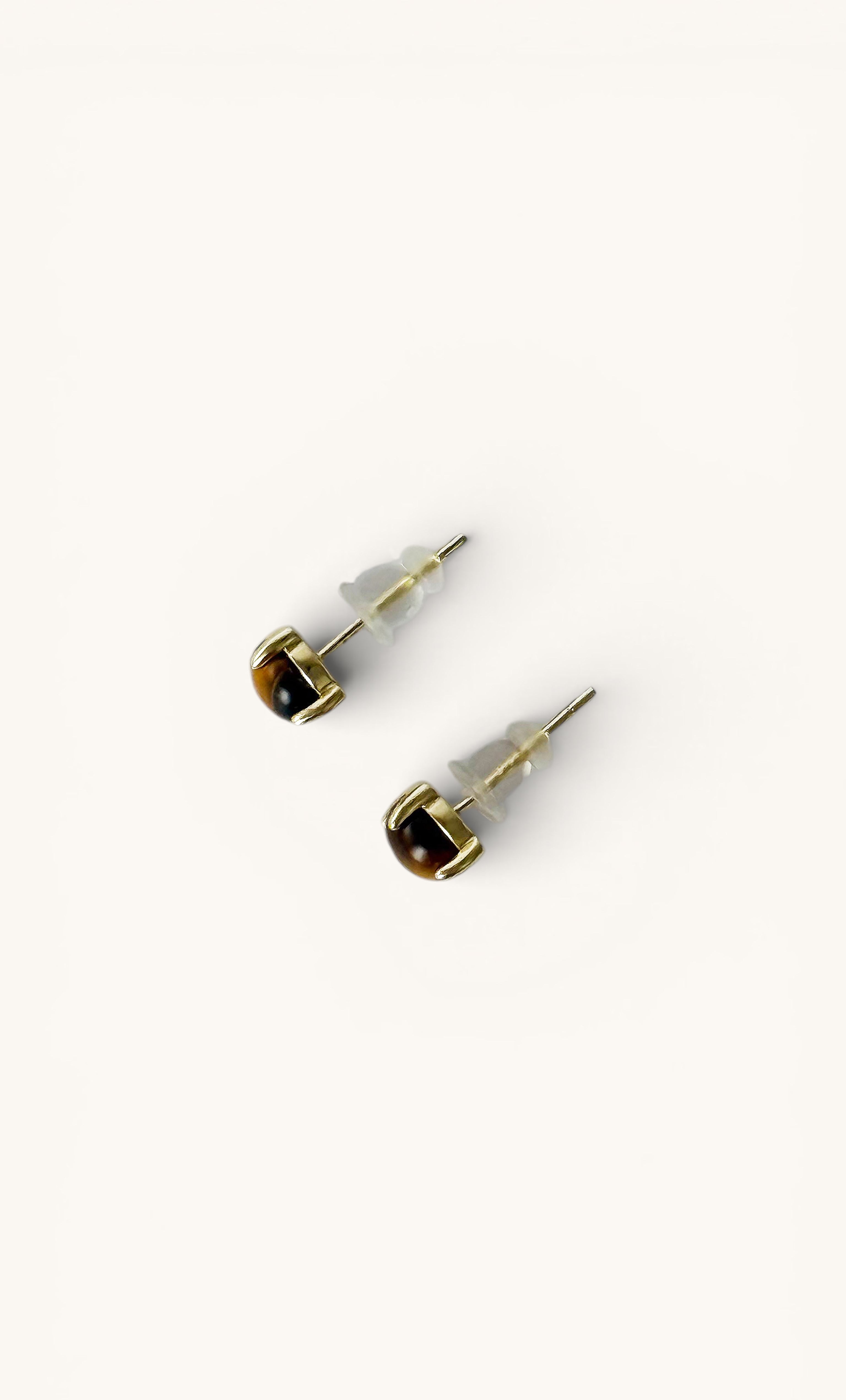 14K gold fill stud earrings with tiger’s eye stones by Tunik, elegant jewellery gifts.