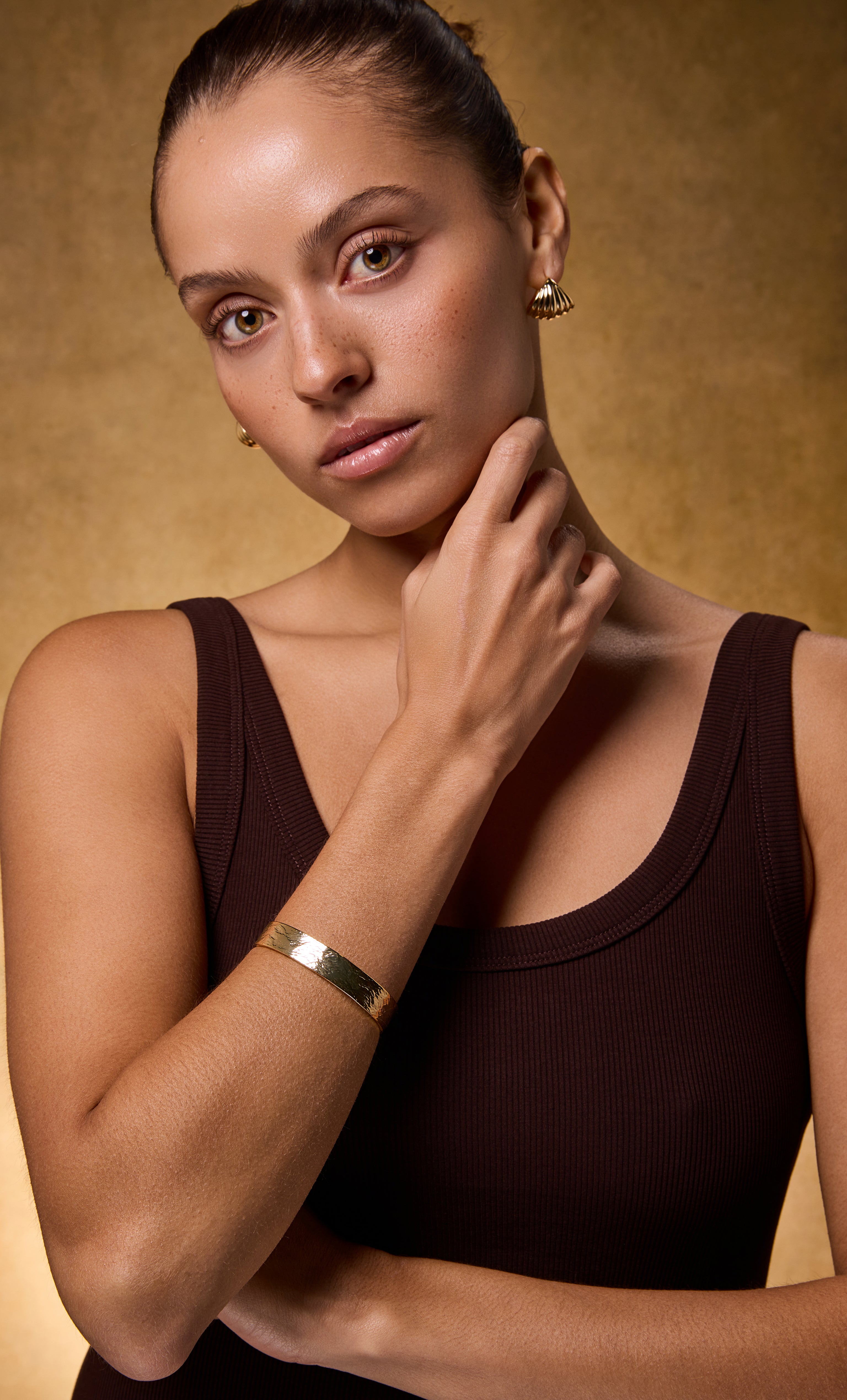 18K gold fill hammered cuff bangle bracelet by Tunik, elegant jewellery gift piece.