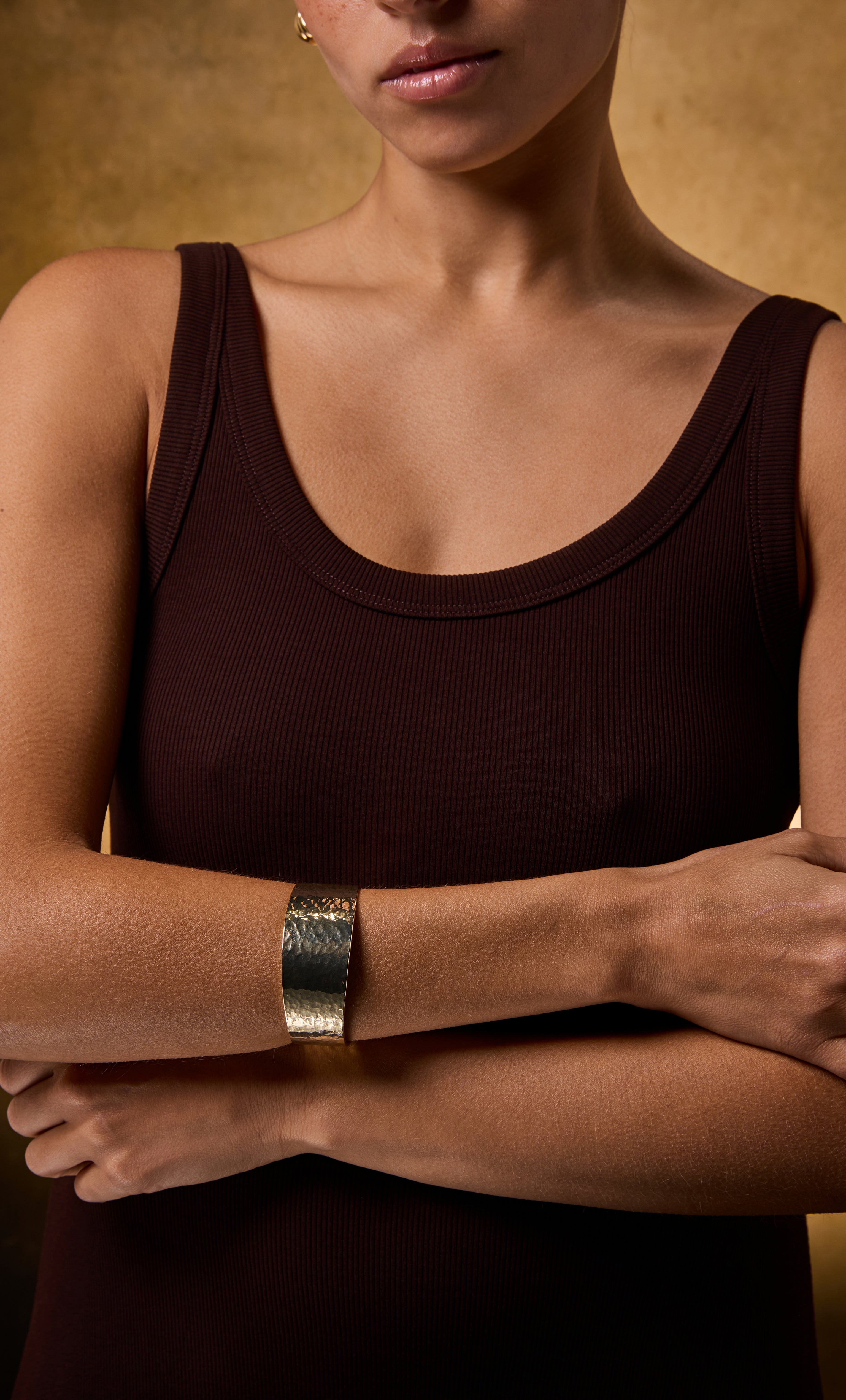 24K gold fill hammered cuff bangle bracelet by Tunik, elegant jewellery gift.