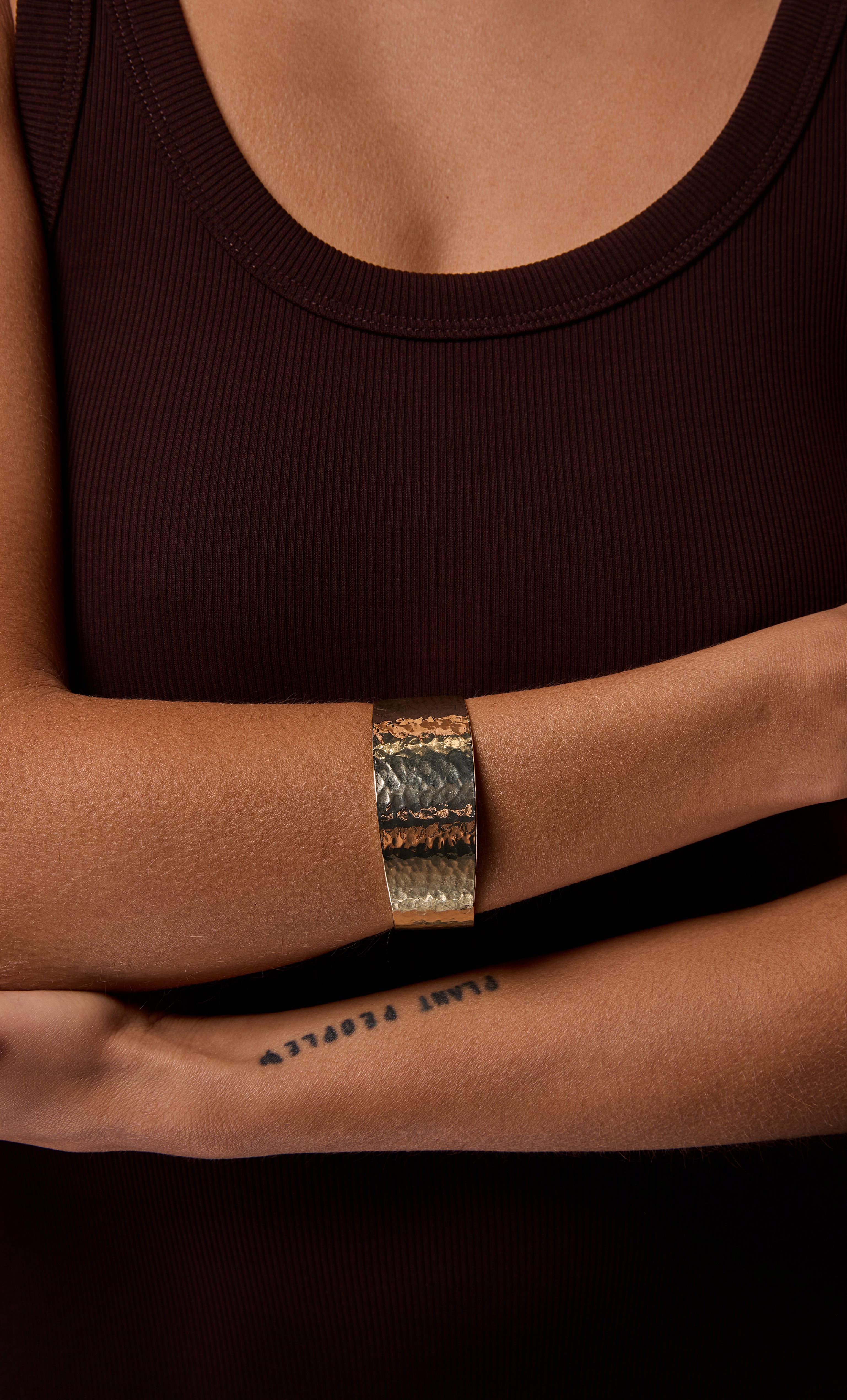 24K gold fill hammered cuff bangle bracelet by Tunik, elegant jewellery gift.
