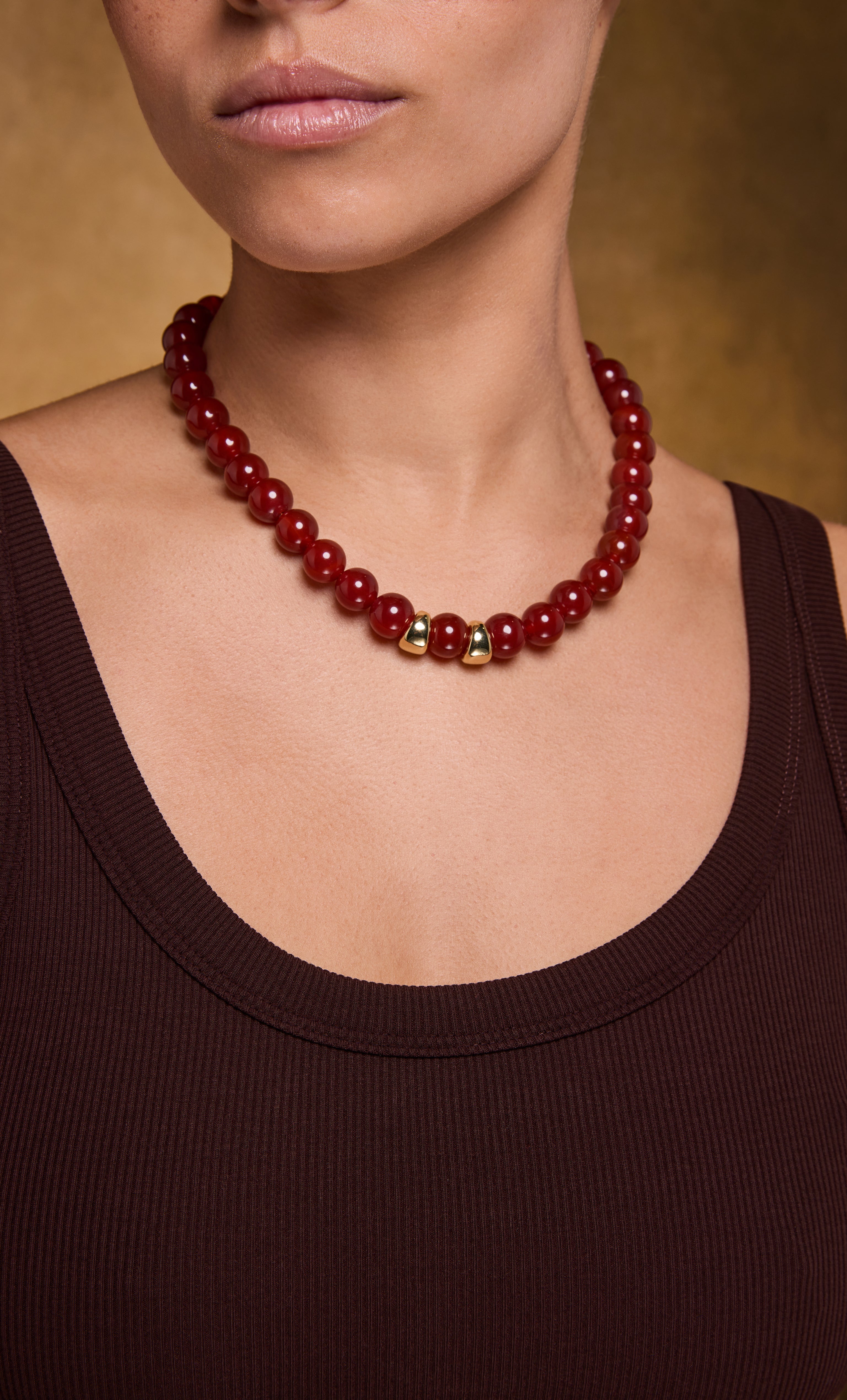 Red carnelian agate bead necklace with gold fill accents by Tunik the Label, elegant jewellery gift.