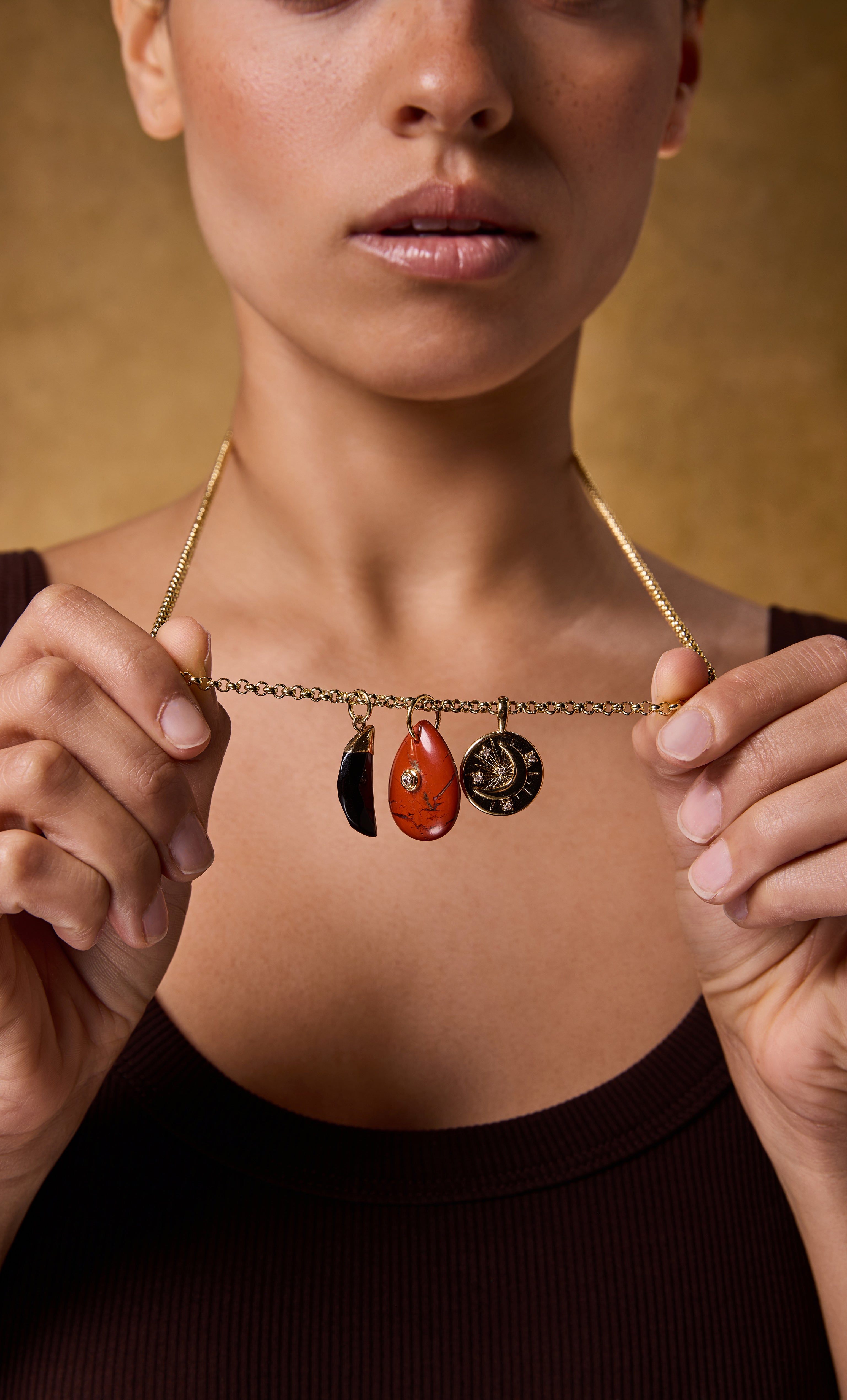 Tunik gold fill necklace with 24K gold rolo chain and carnelian charm pendant jewelry gift.