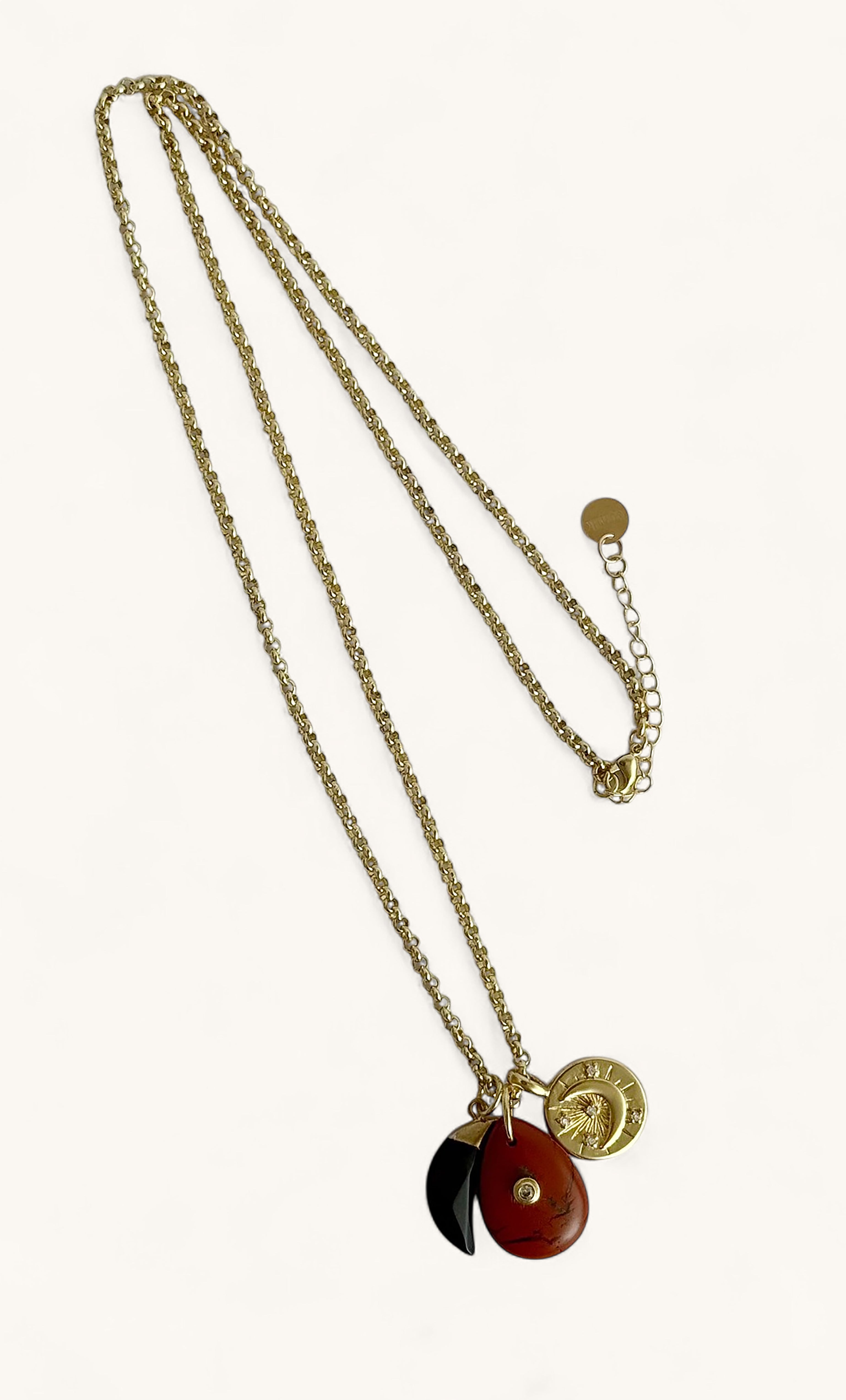 Gold fill rolo chain necklace with carnelian and black charms, Tunik jewellery pendant.