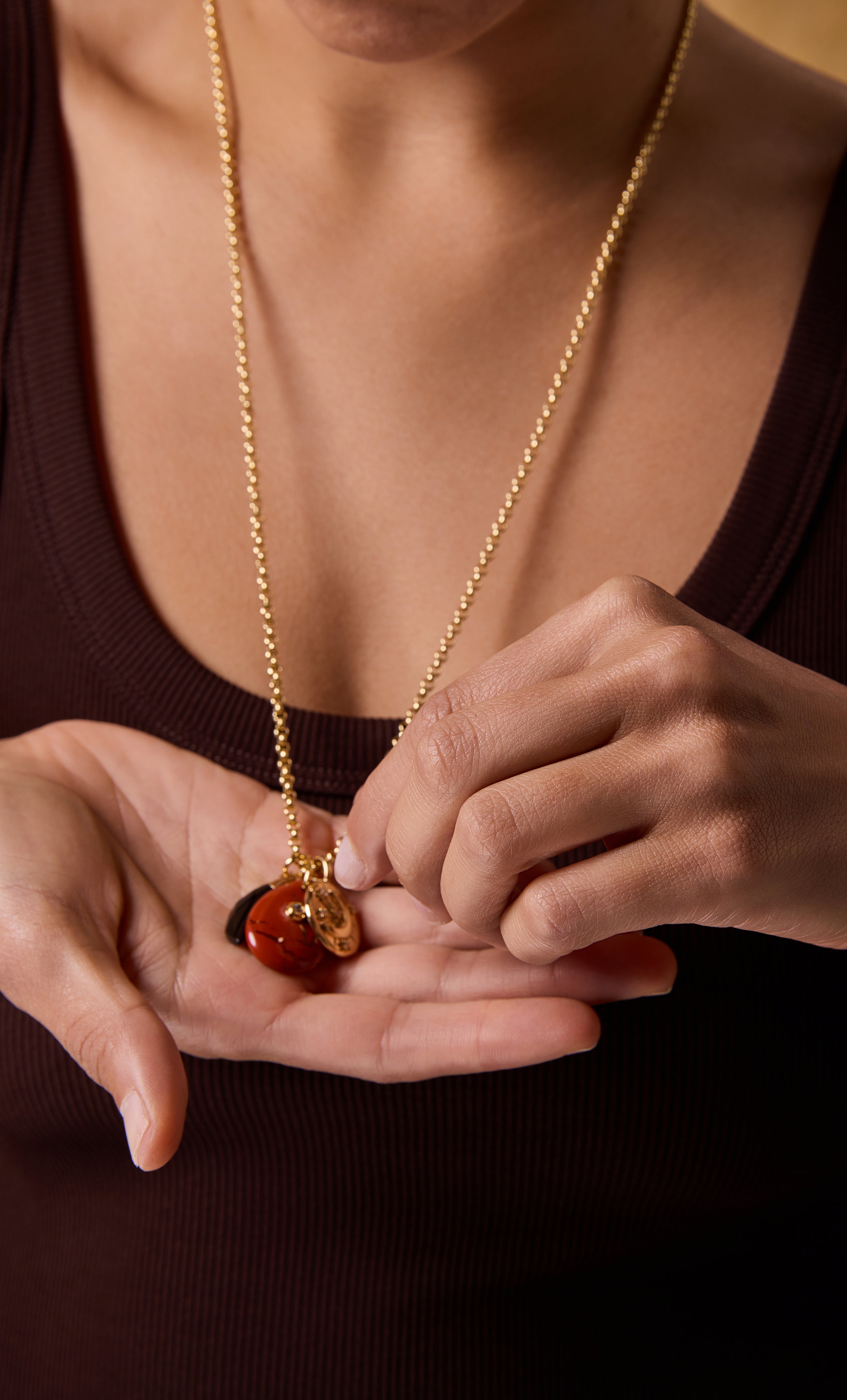Tunik gold fill rolo chain necklace with carnelian charm pendant, elegant jewellery gift.