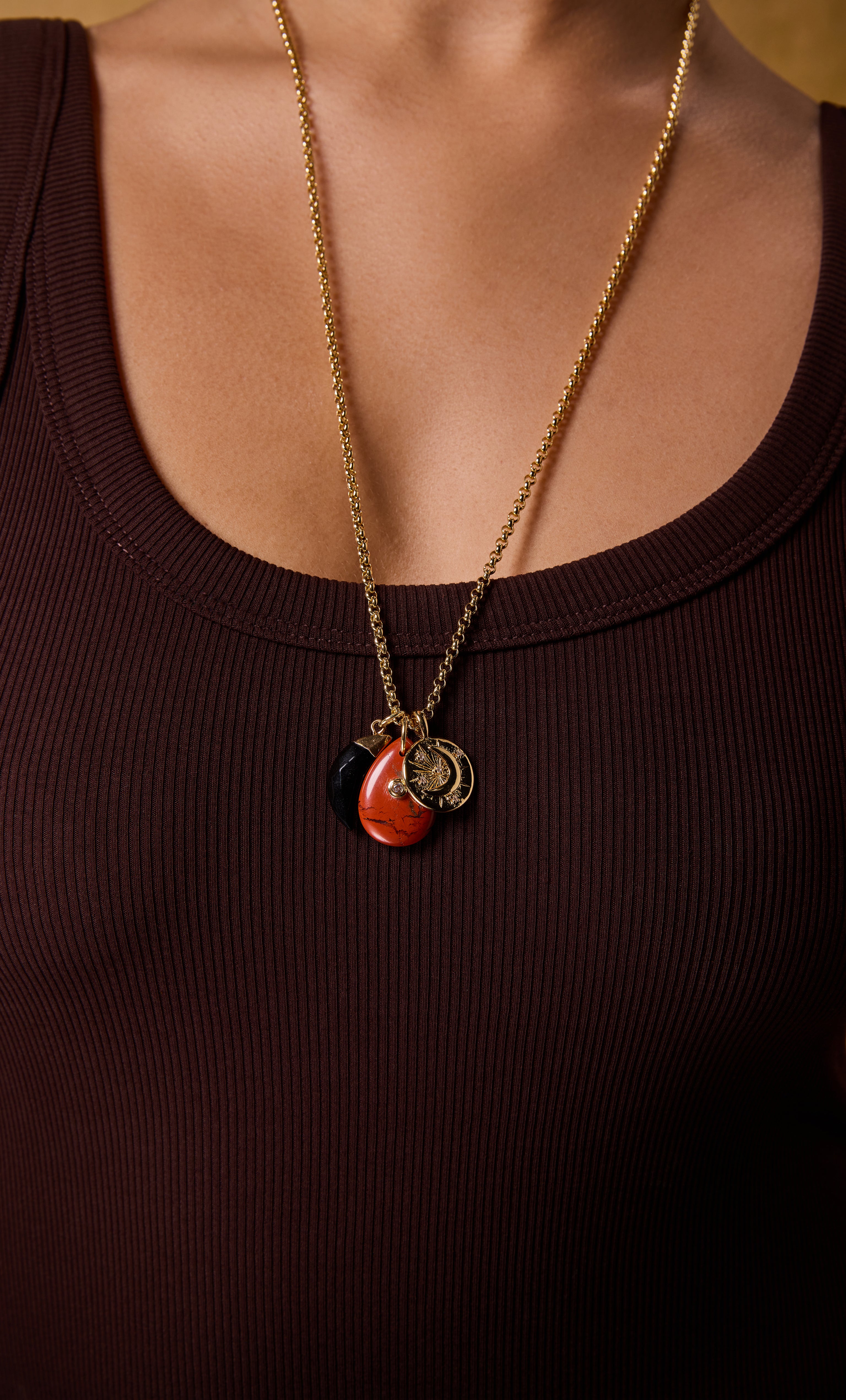 Tunik gold fill necklace with carnelian charm pendant on rolo chain, layered jewellery gift.