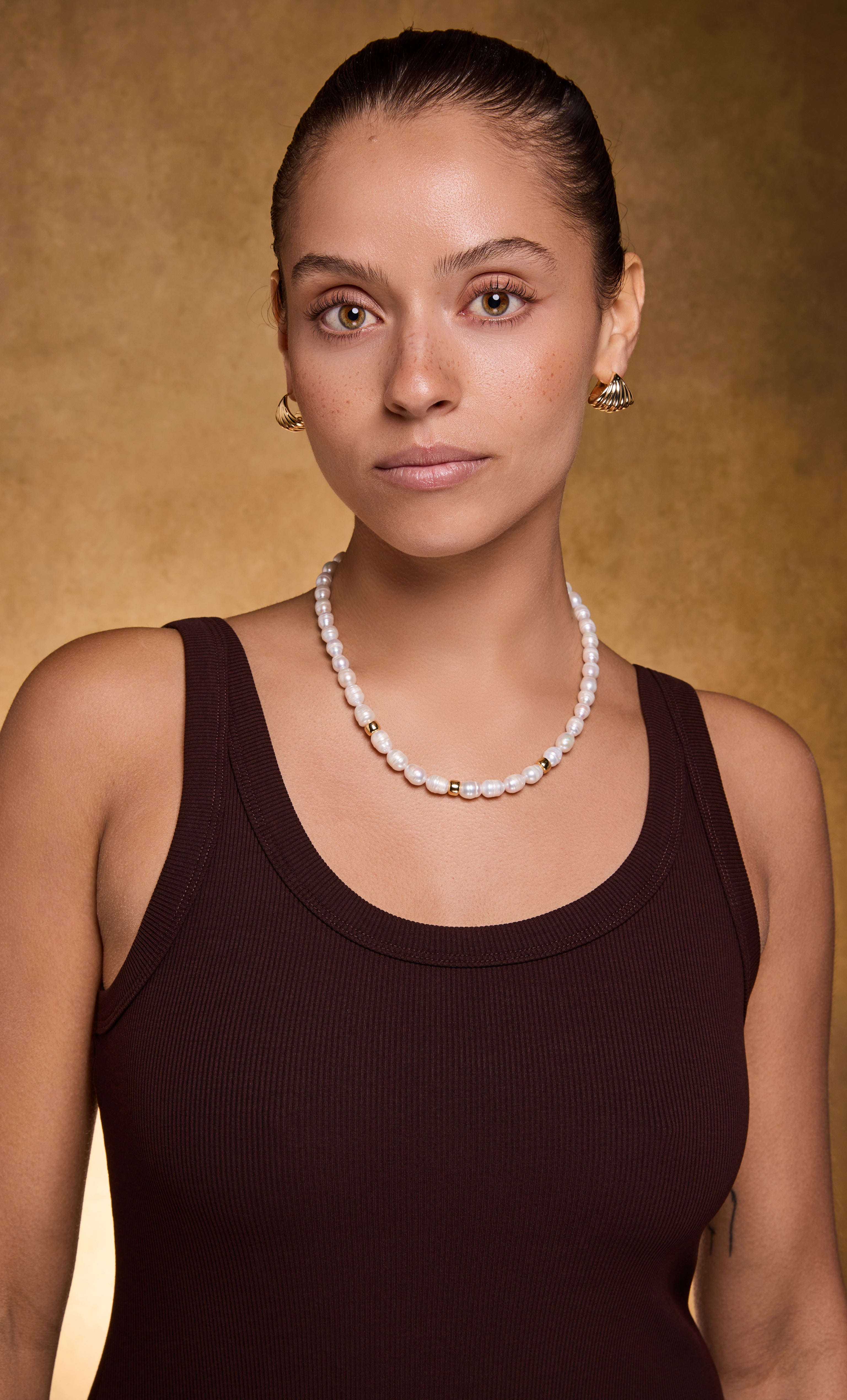 Tunik the Label gold fill necklace with semi-precious white pearls, elegant jewellery gift idea.
