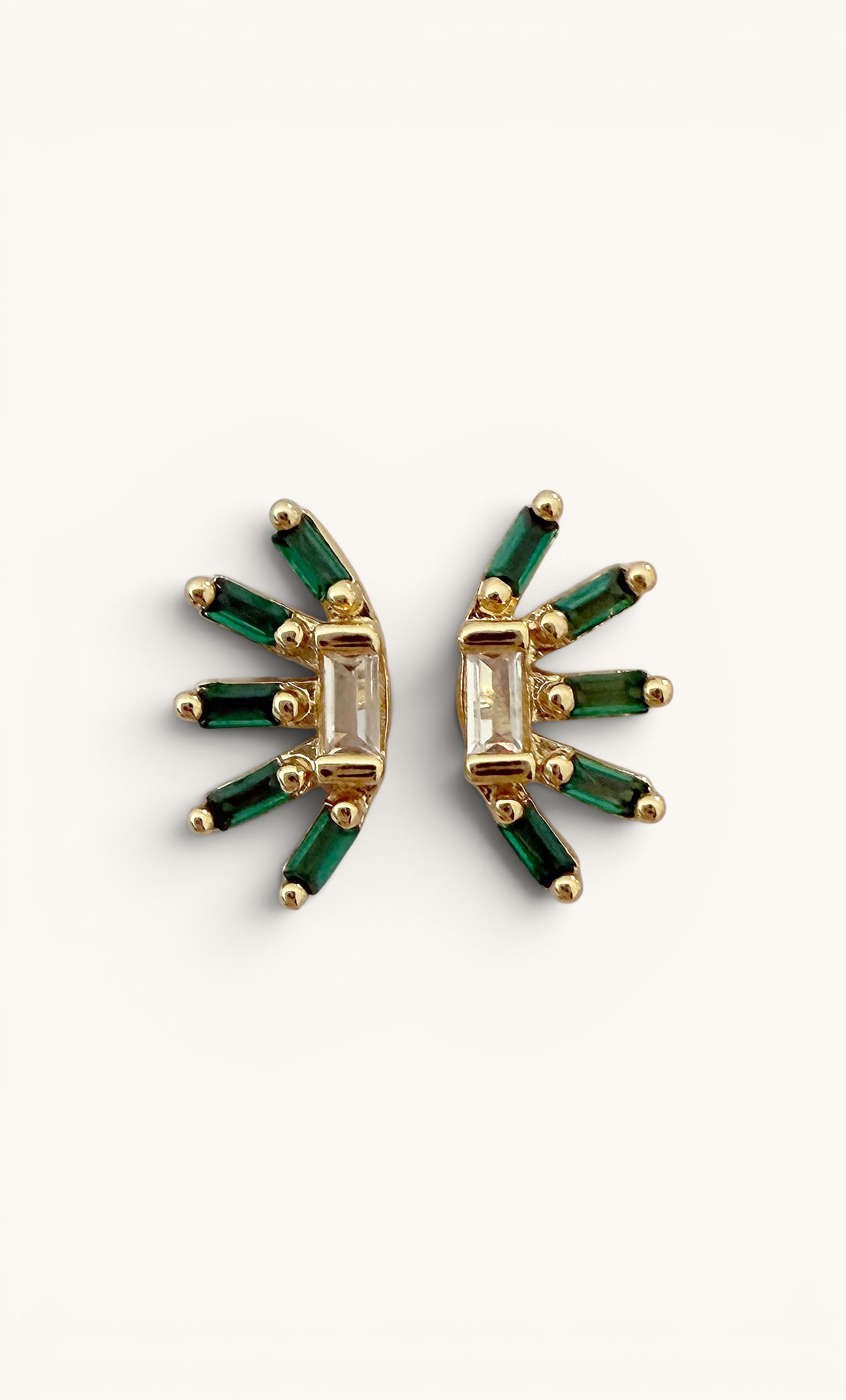 Gold fill fan-shaped stud earrings with baguette clear zirconia and green enamel accents.