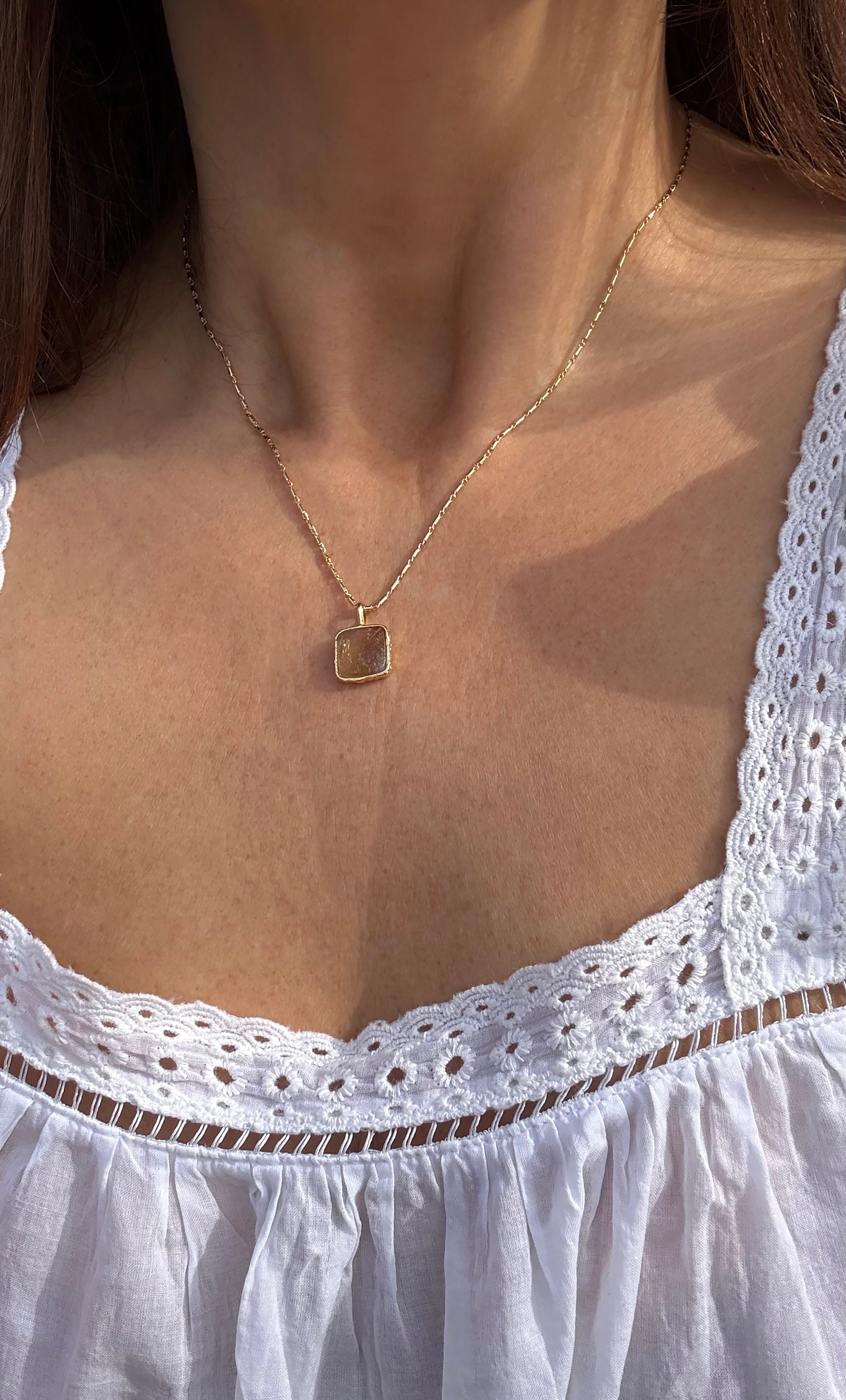 The Earth and Stone Delicate Square Pendant Semi Precious Citrine 14K Gold Fill Necklace | Tunik