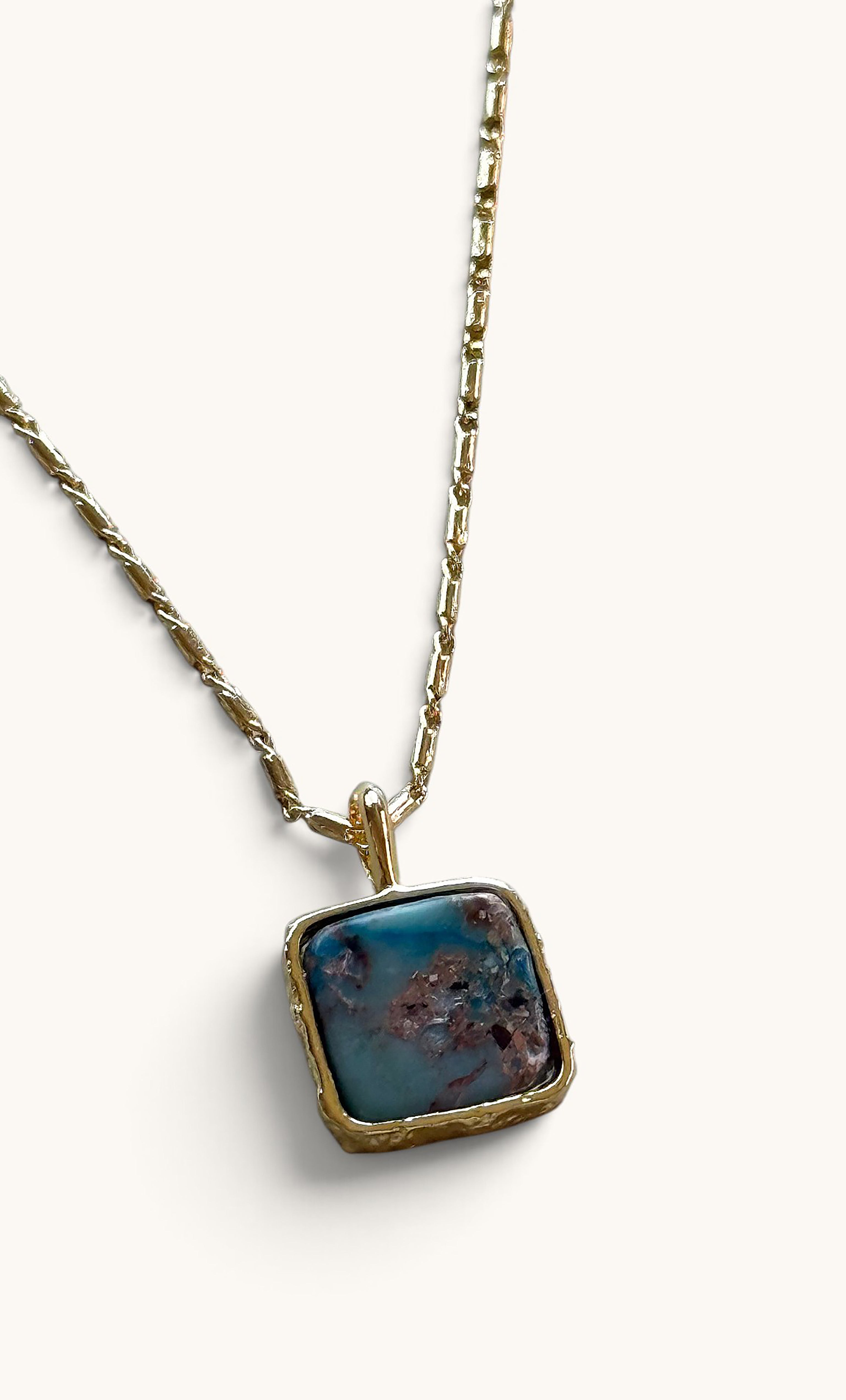 The Earth and Stone Delicate Square Pendant Semi Precious Moss Agate 14K Gold Fill Necklace | Tunik