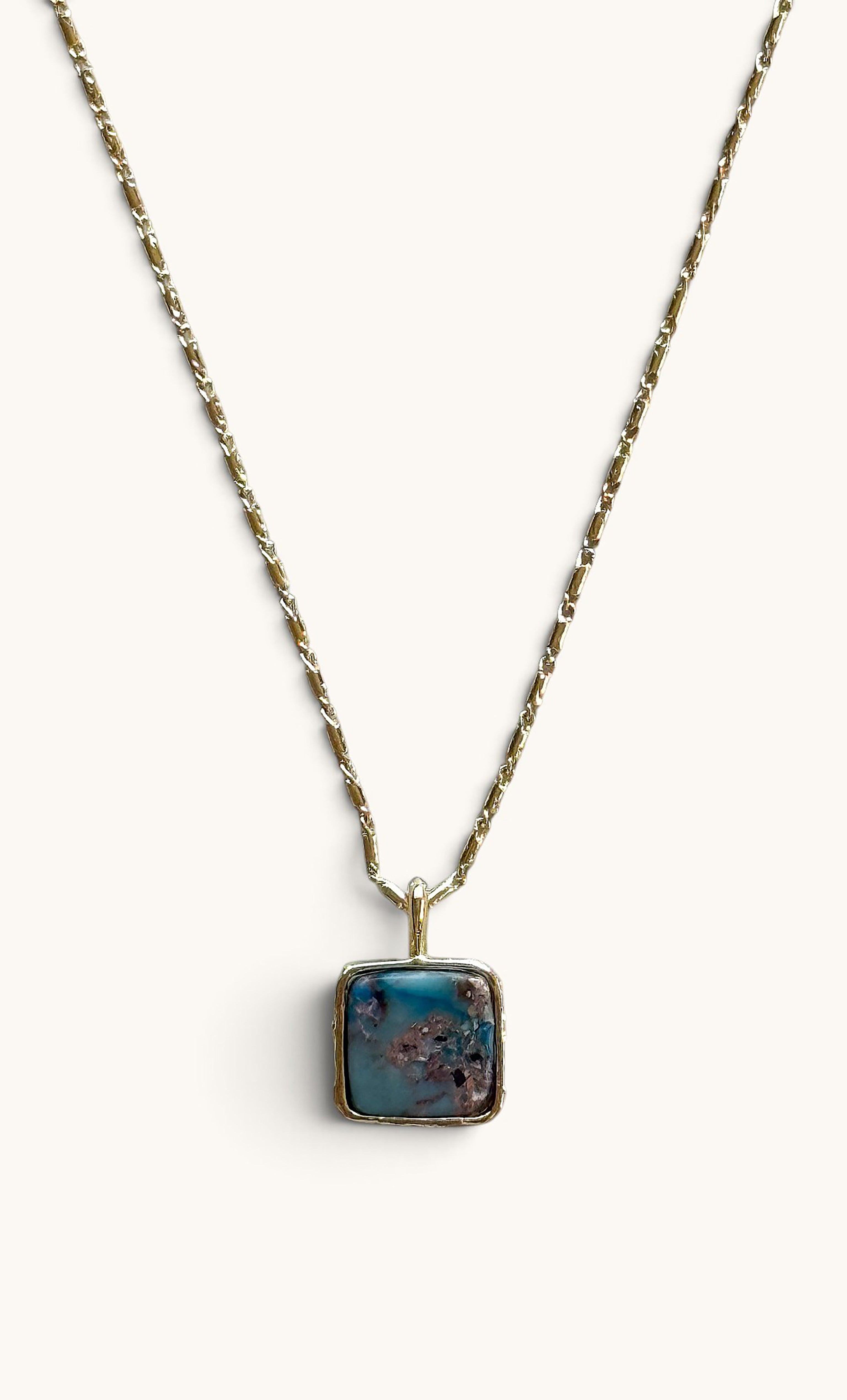 The Earth and Stone Delicate Square Pendant Semi Precious Moss Agate 14K Gold Fill Necklace | Tunik
