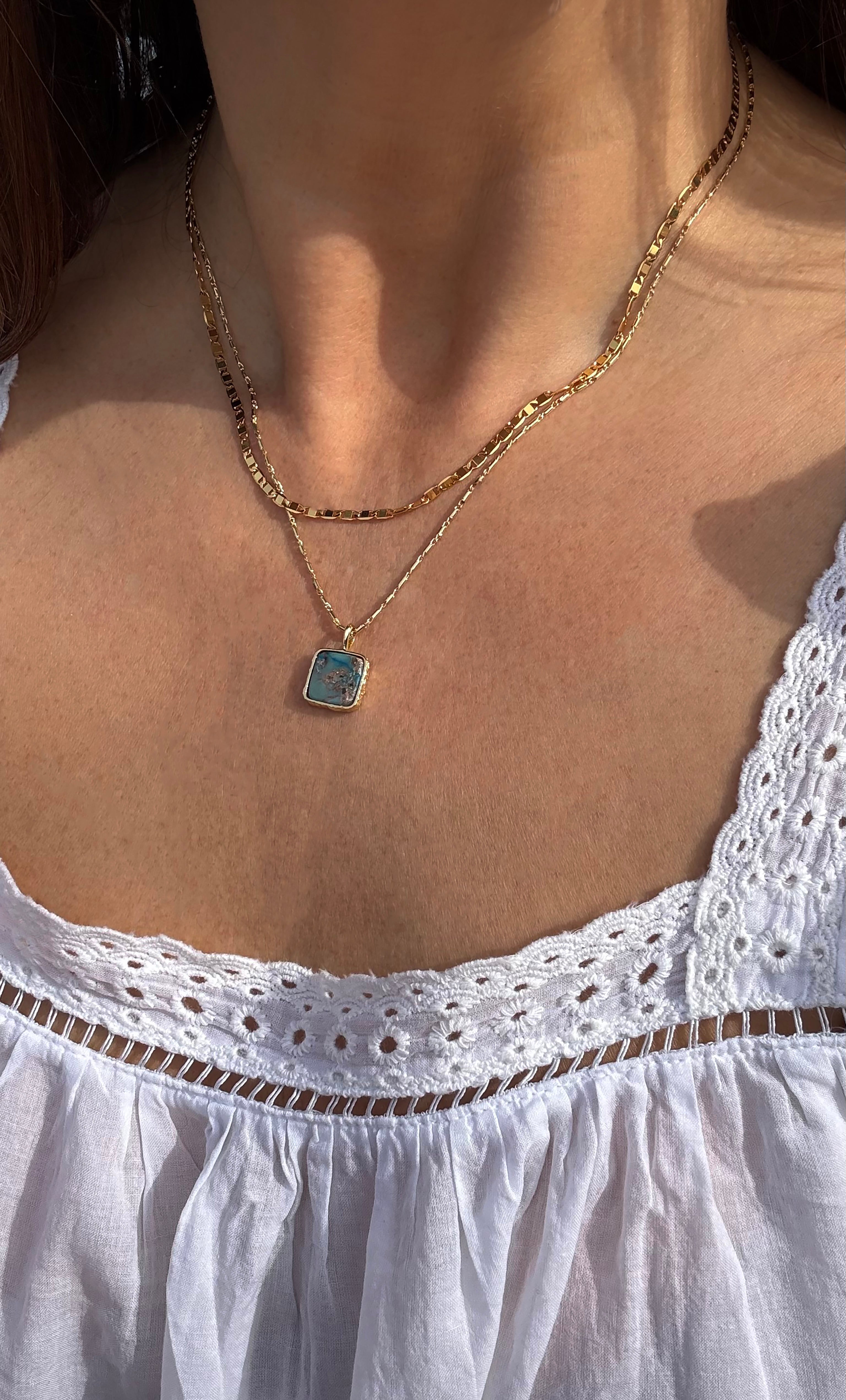 The Earth and Stone Delicate Square Pendant Semi Precious Moss Agate 14K Gold Fill Necklace | Tunik