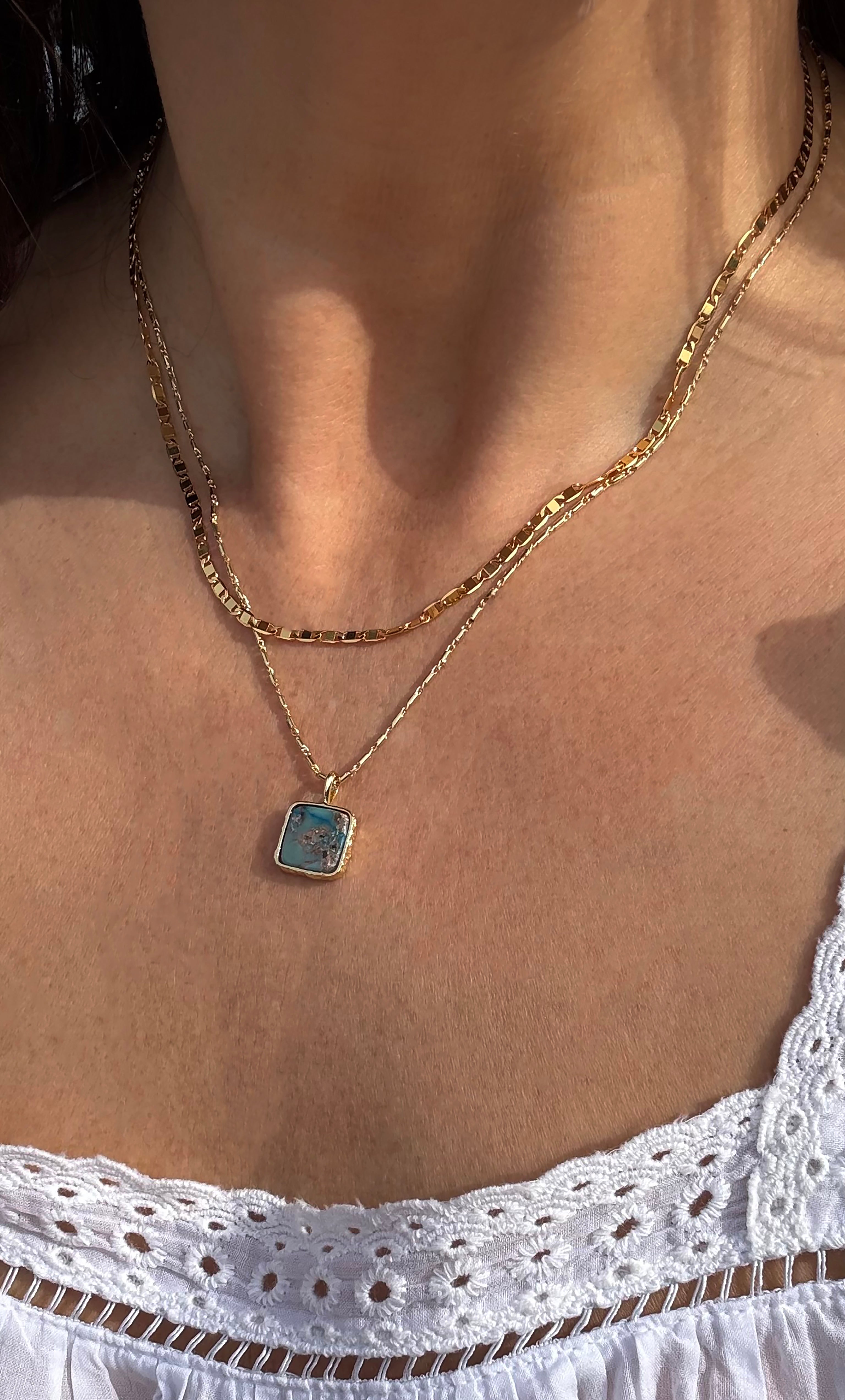 The Earth and Stone Delicate Square Pendant Semi Precious Moss Agate 14K Gold Fill Necklace | Tunik