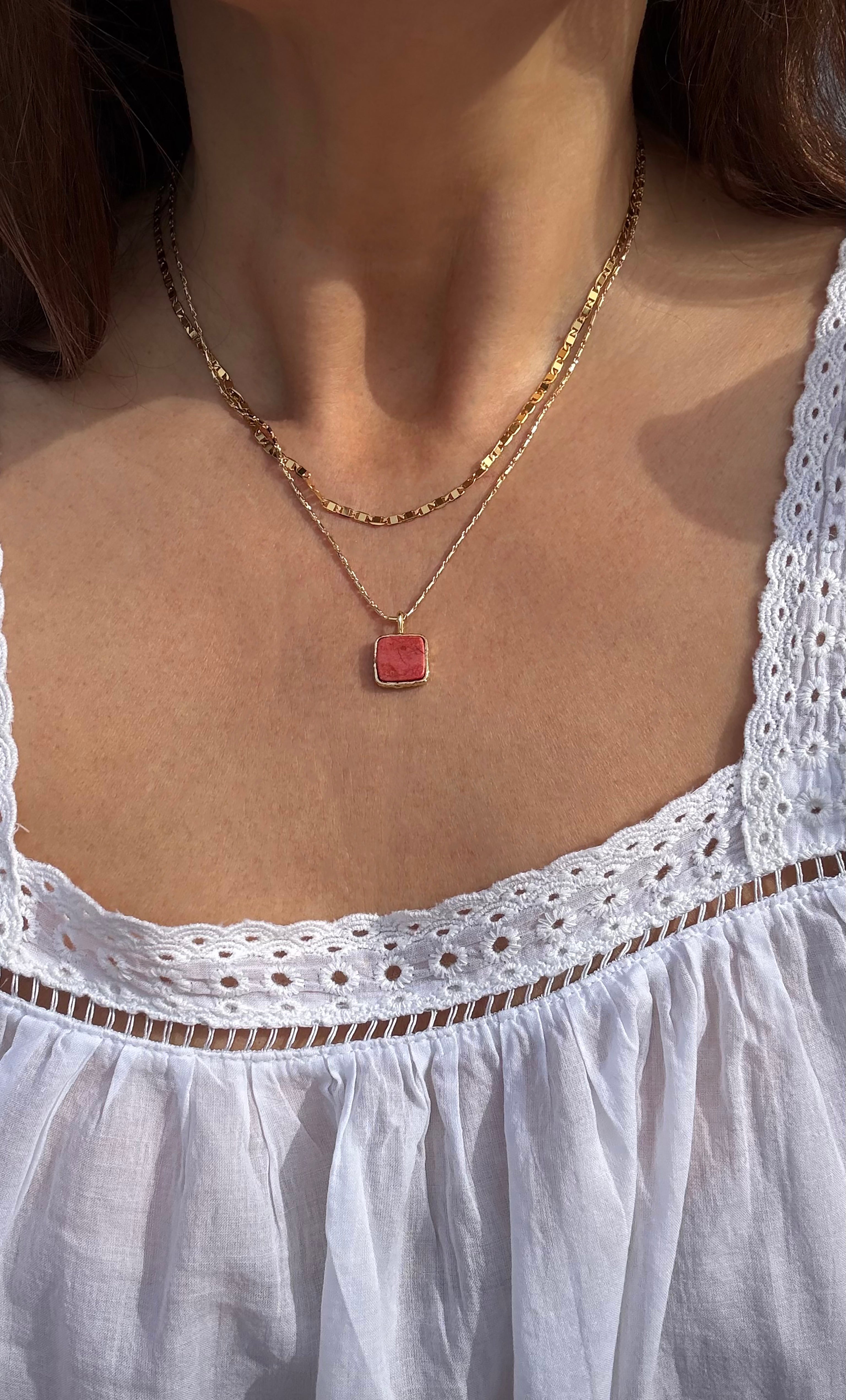 The Earth and Stone Delicate Square Pendant Semi Precious Red Jasper 14K Gold Fill Necklace | Tunik