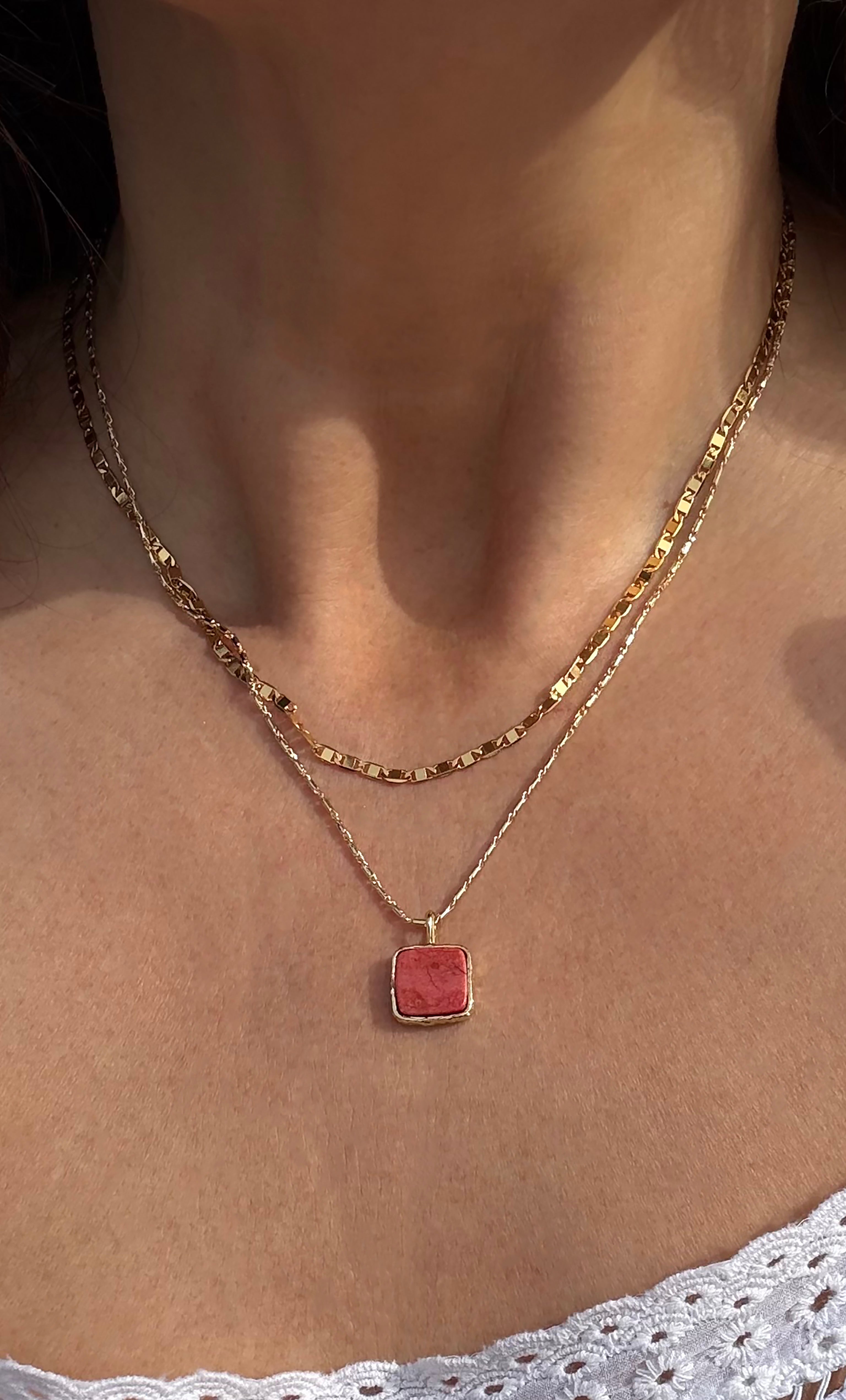 The Earth and Stone Delicate Square Pendant Semi Precious Red Jasper 14K Gold Fill Necklace | Tunik