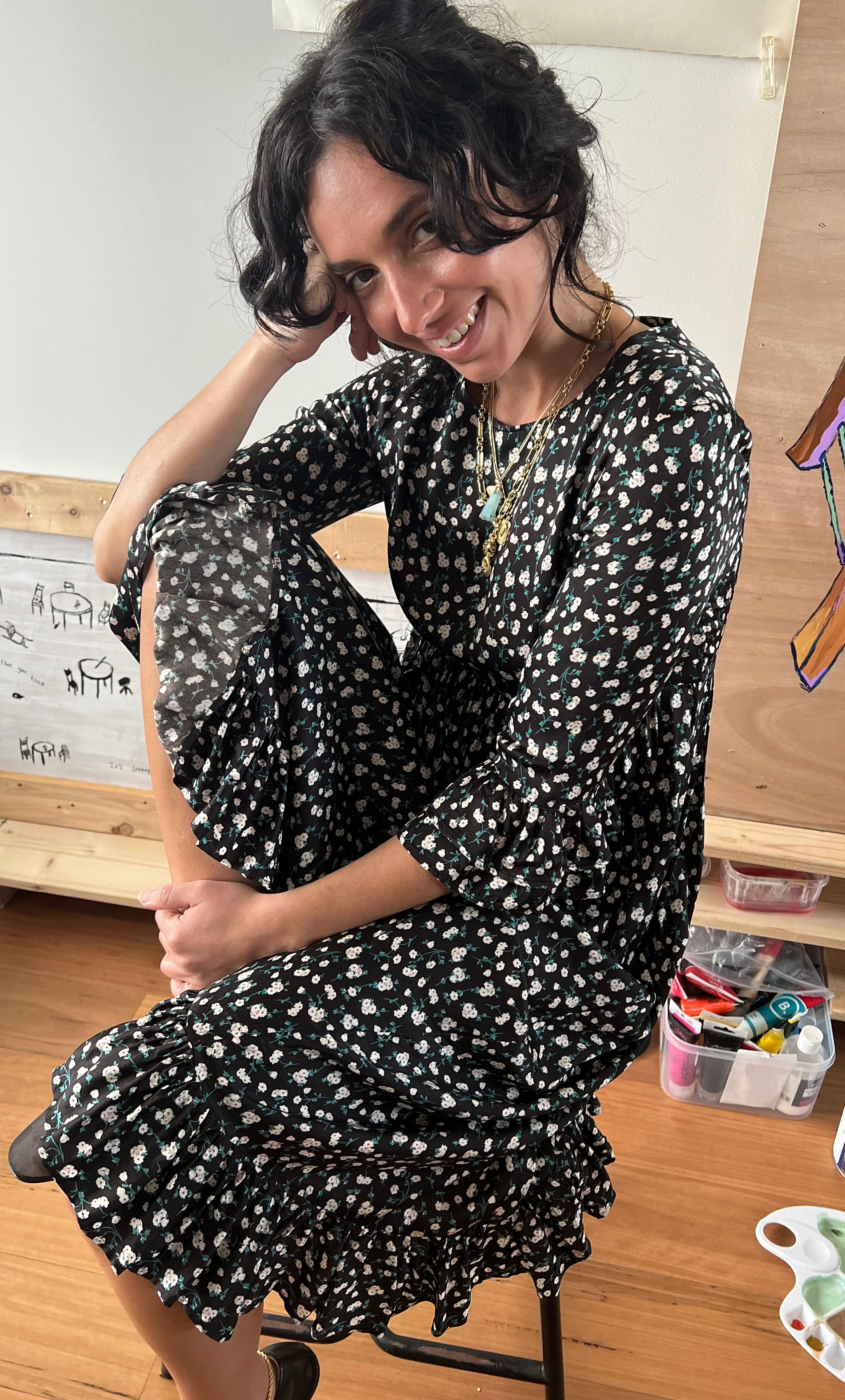 The Tunik Florence ruffle midi dress - For The Roses print Black