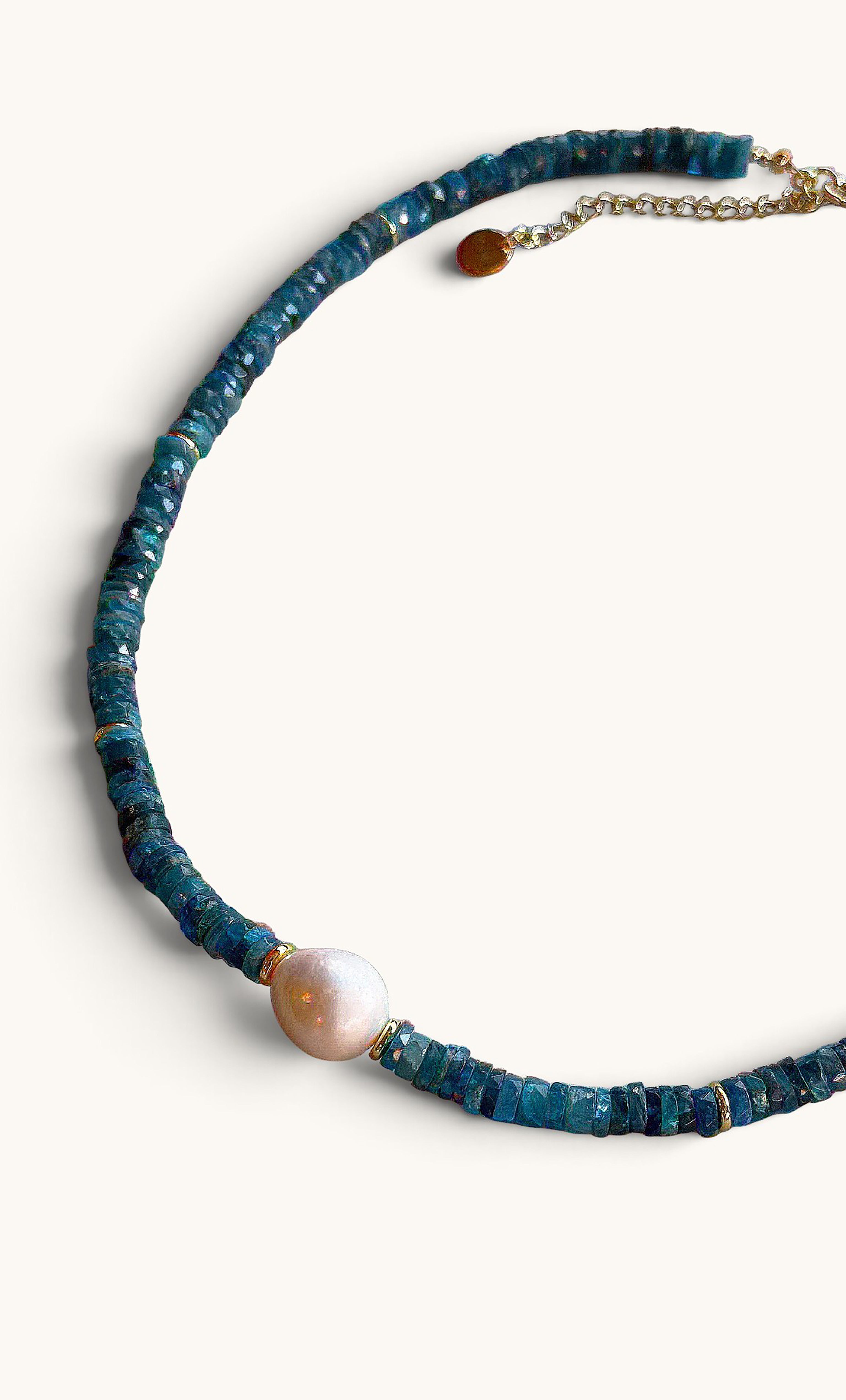 One Off LIMITED EDITION | The Tunik Spellbound Natural Neon Teal Apatite Heishi Bead Necklace with Baroque Pearl