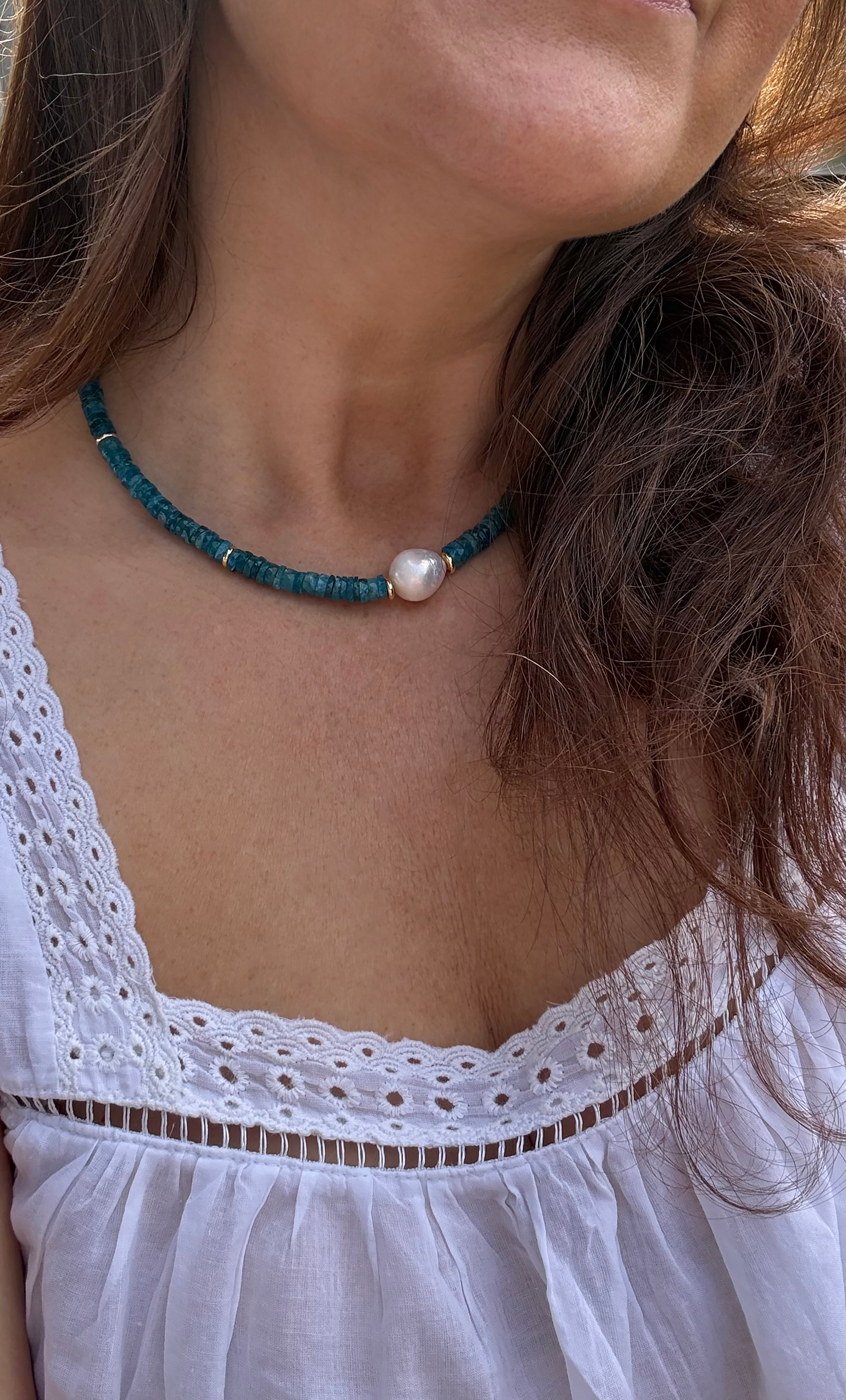 One Off LIMITED EDITION | The Tunik Spellbound Natural Neon Teal Apatite Heishi Bead Necklace with Baroque Pearl