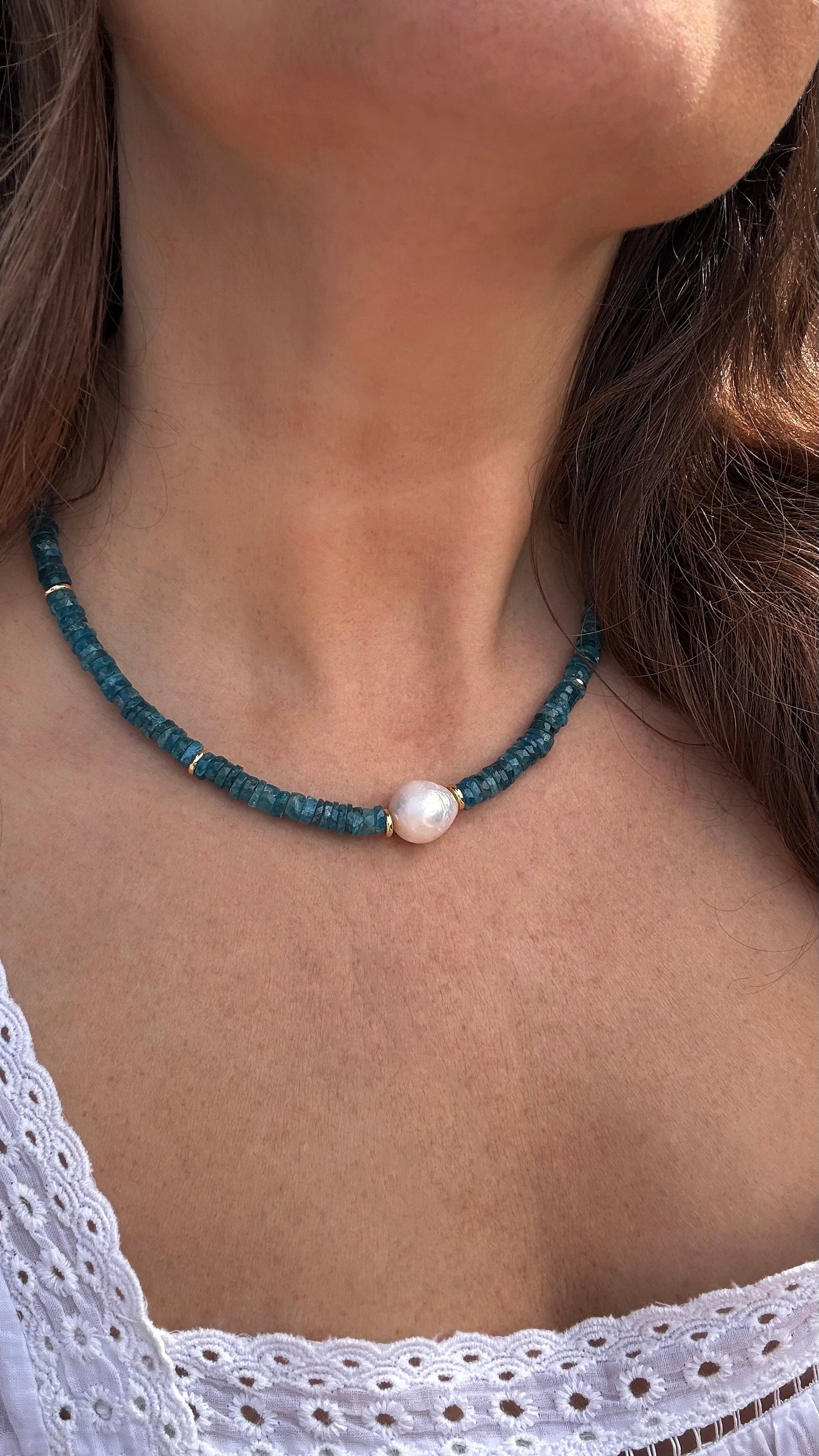 One Off LIMITED EDITION | The Tunik Spellbound Natural Neon Teal Apatite Heishi Bead Necklace with Baroque Pearl