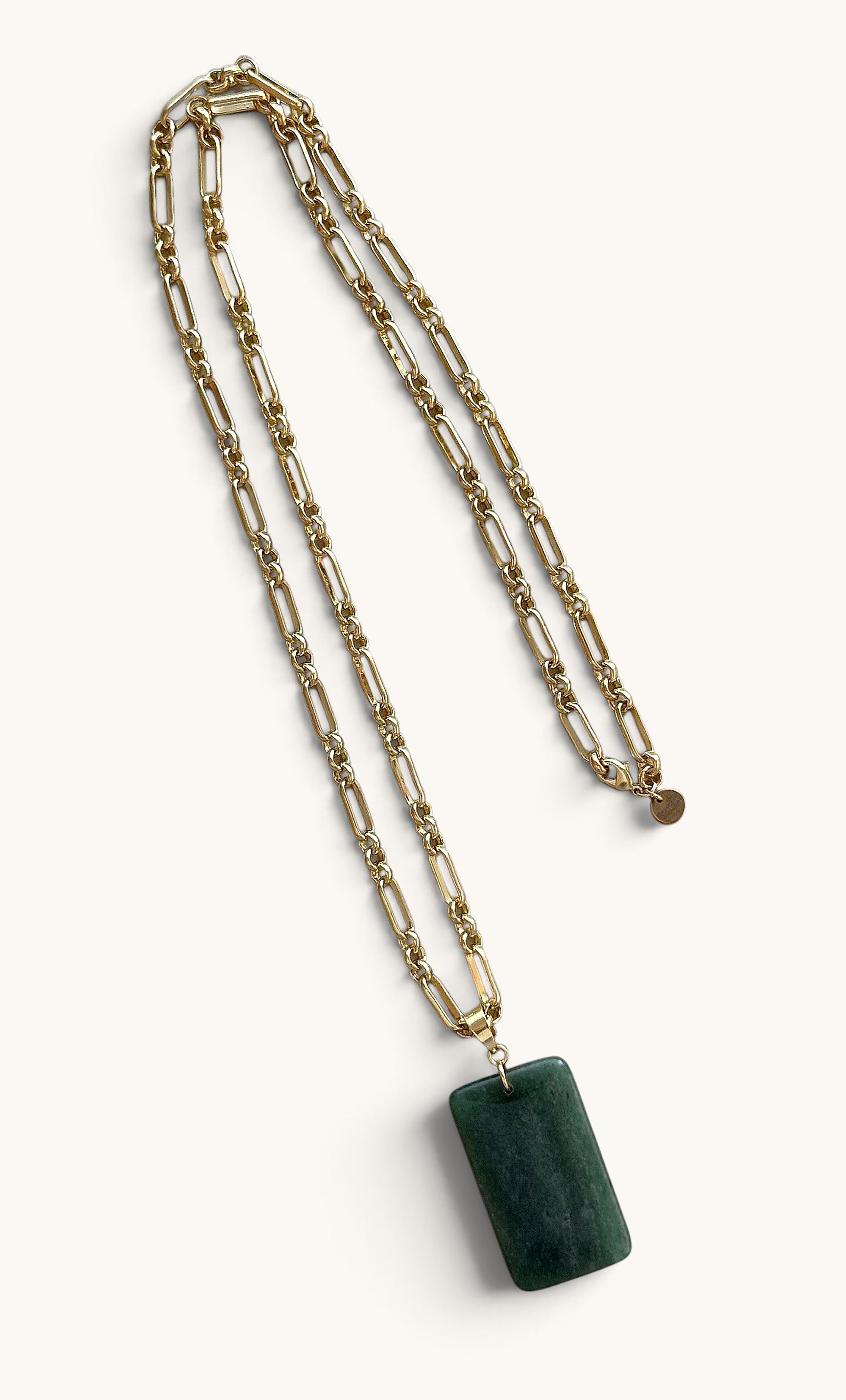 The Talisman Aventurine Semi Precious Stone Pendant Gold Fill Figaro Chain Longline Necklace | Tunik